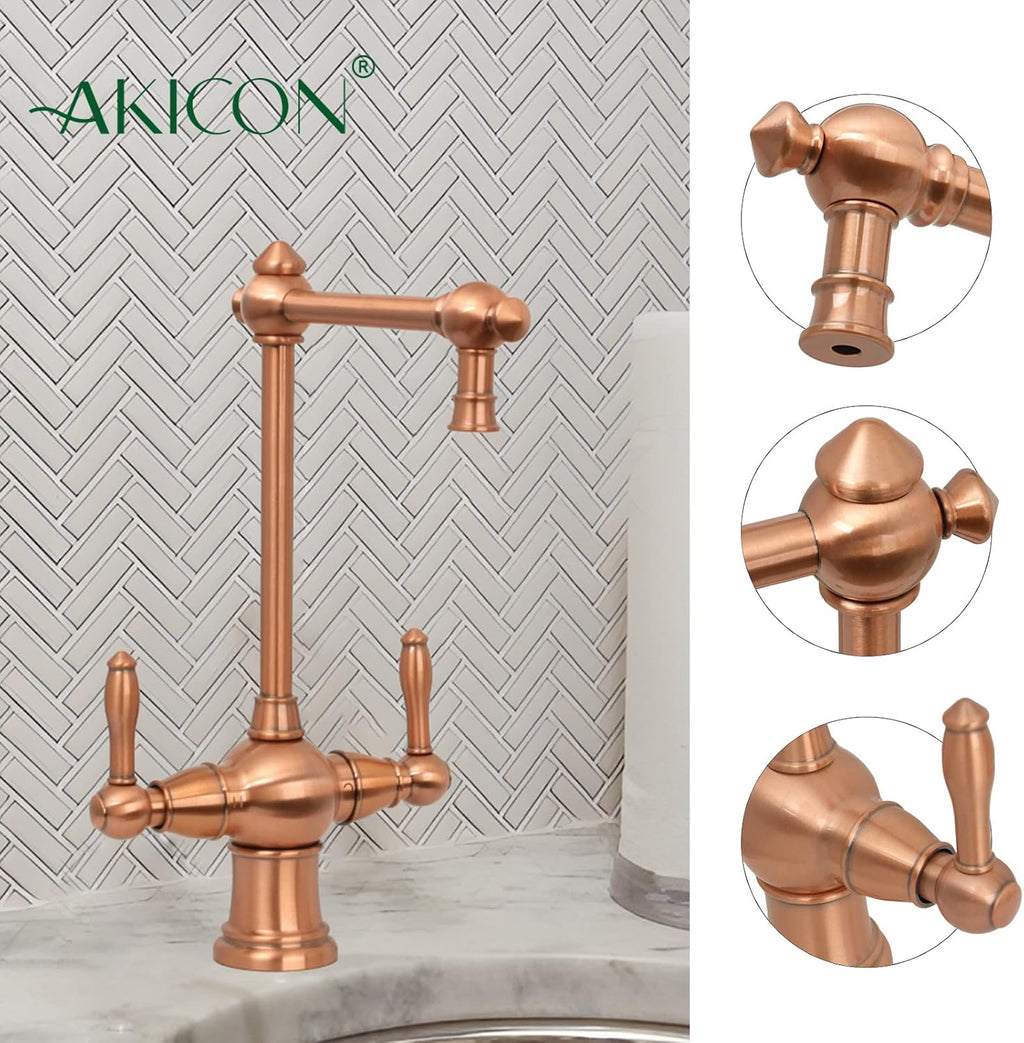 Two-Handles Copper Drinking Water Filter Faucet, Dual Lever Hot and Cold Water Faucet for Instant Hot Water Tank Dispenser & Filtration System