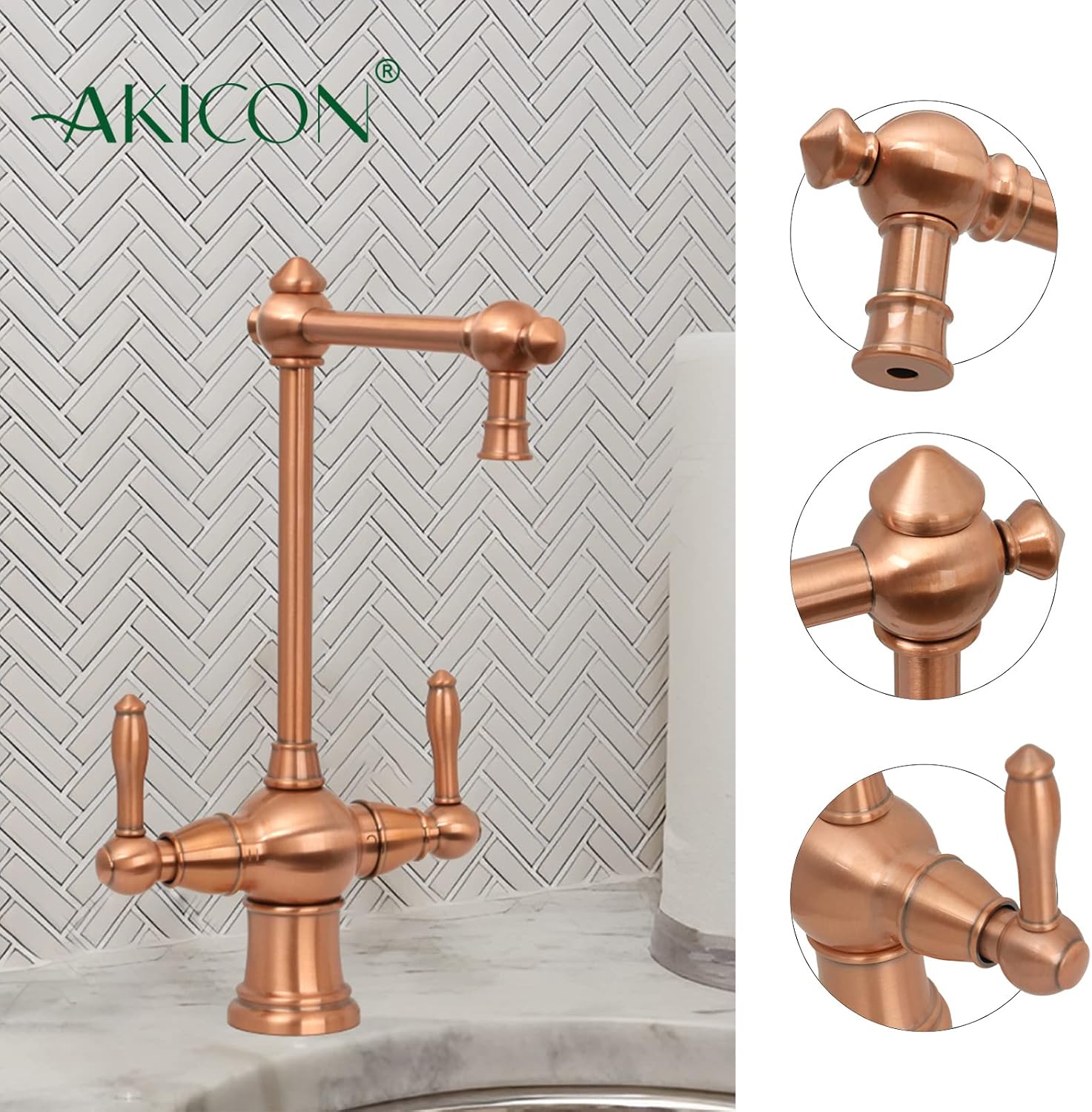 Two-Handles Copper Drinking Water Filter Faucet, Dual Lever Hot and Cold Water Faucet for Instant Hot Water Tank Dispenser & Filtration System