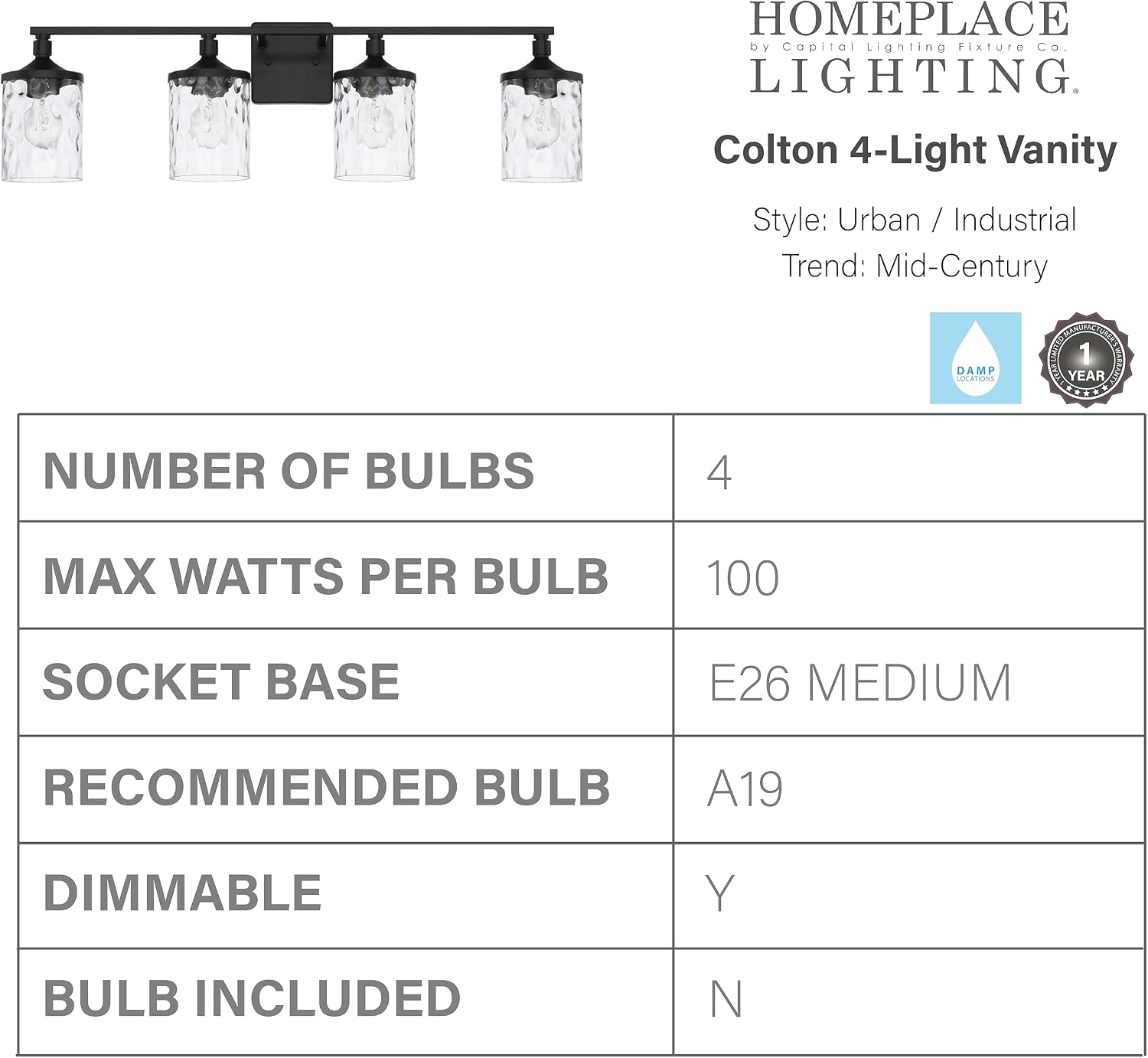 HomePlace Lighting 128841MB-451 Colton Mid-Century Clear Water Glass Bathroom Vanity Wall Light, 4-Light 400 Total Watts, 10' H x 34' W, Matte Black