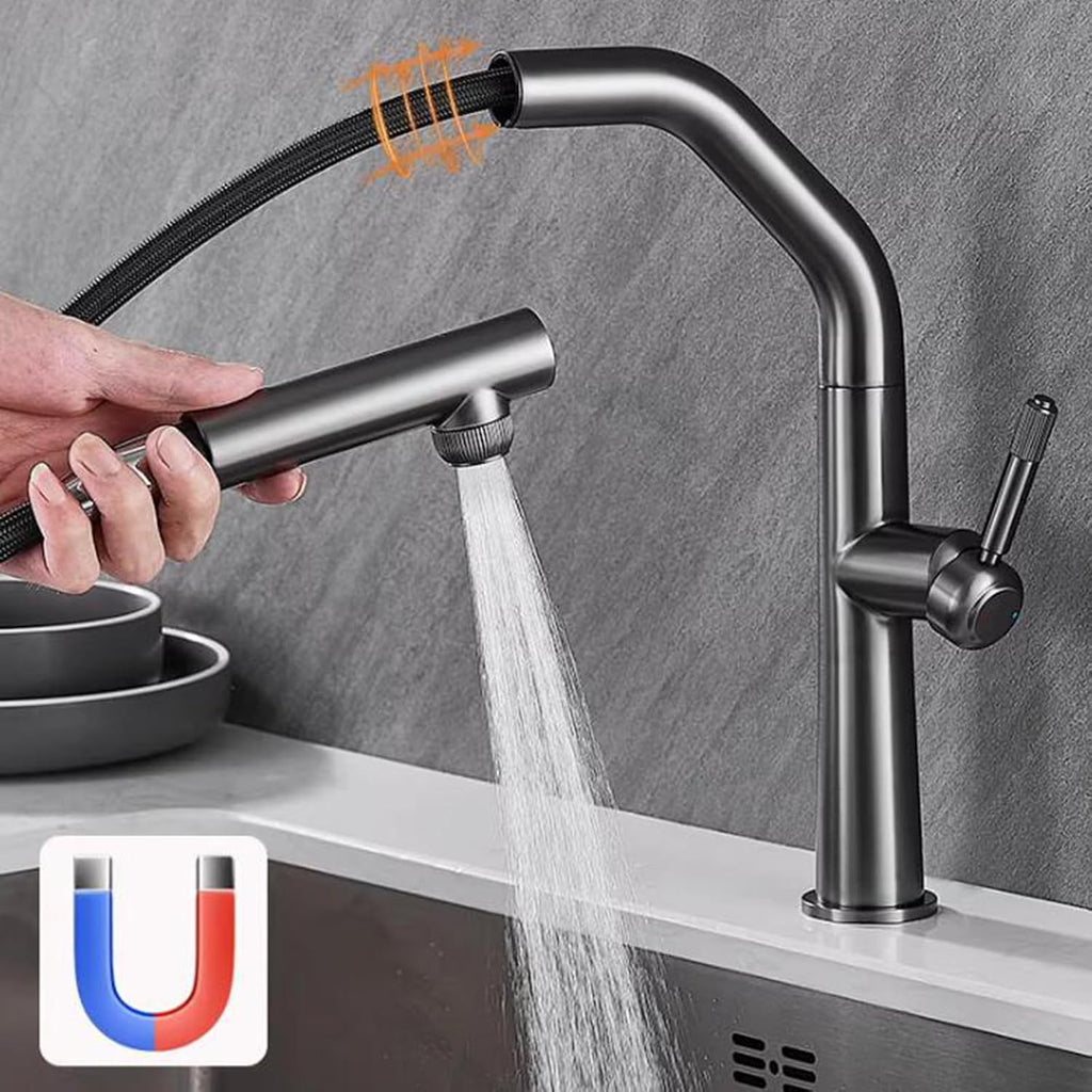 3 Way Pull Out Kitchen Faucet Brass 360° Swivel Single Handle 3 Way Filter Faucet for Kitchen Sink-Grey
