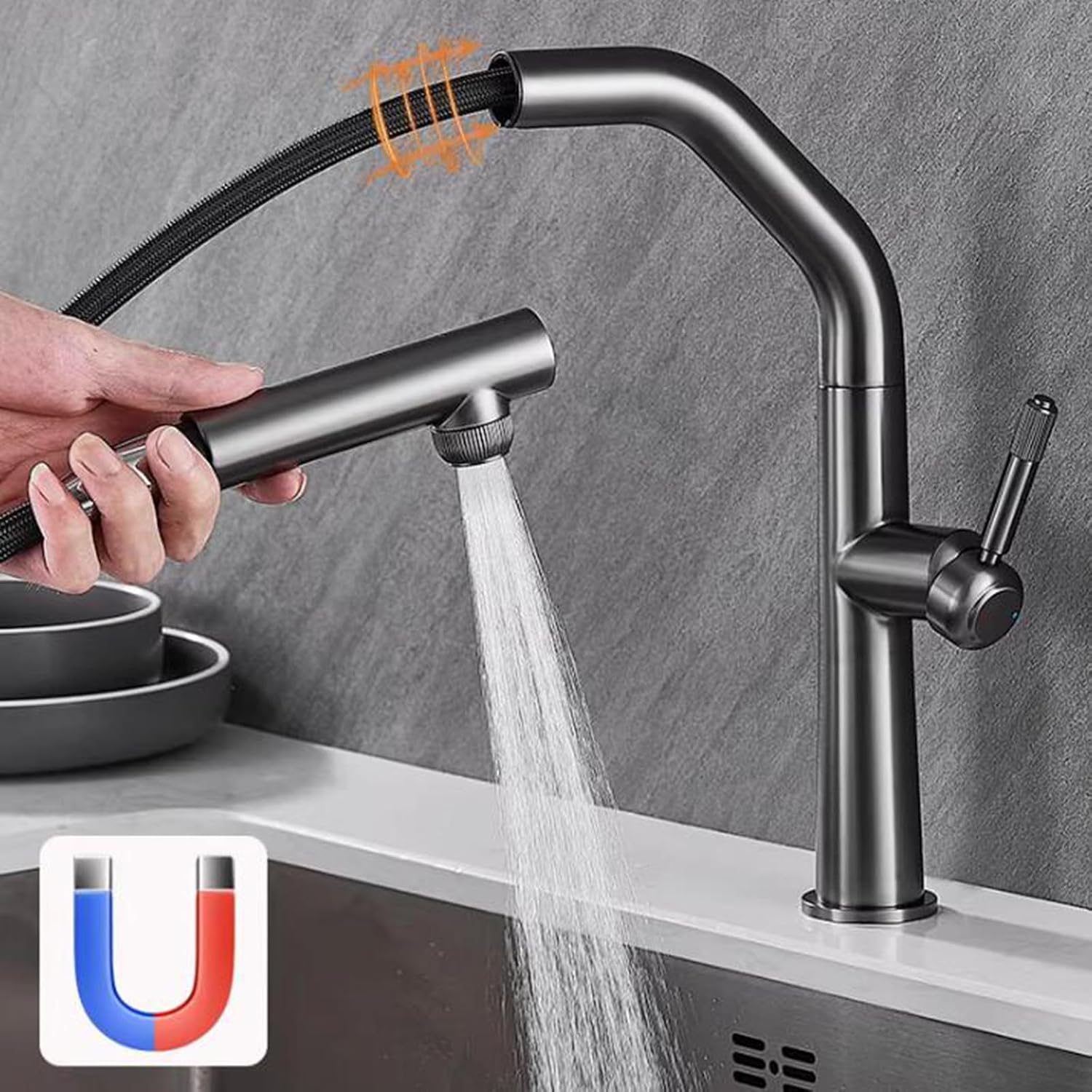 3 Way Pull Out Kitchen Faucet Brass 360° Swivel Single Handle 3 Way Filter Faucet for Kitchen Sink-Grey