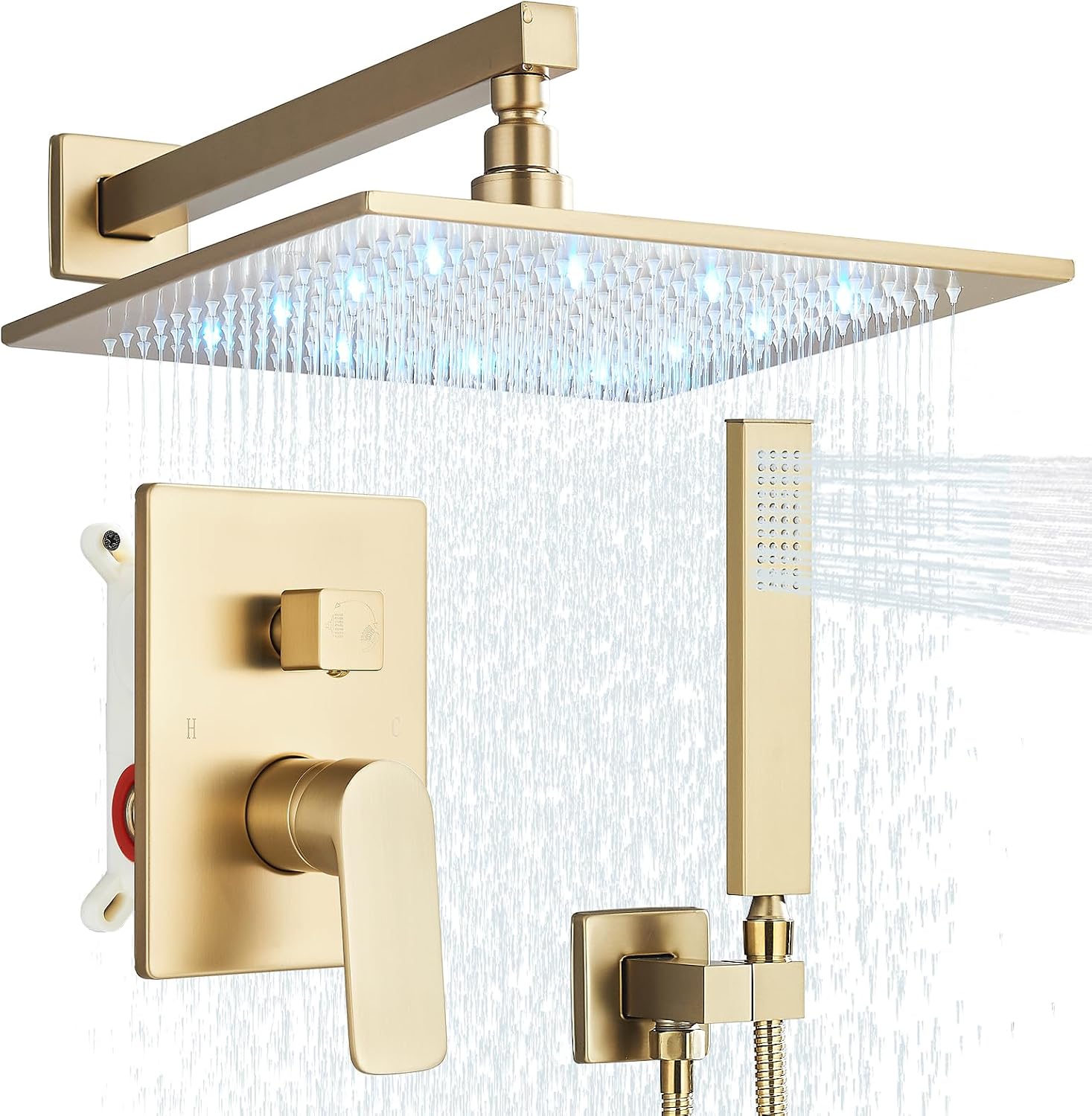Brushed Gold Rain Shower System with 12 Inch LED Shower Head and Brass Handheld with Brass Valve and Trim Kit Shower Faucets Sets Complete
