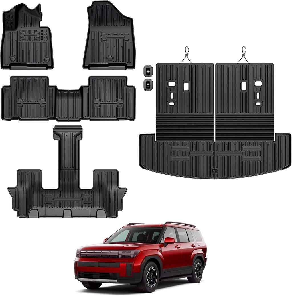 Floor Mats for Hyundai Santa Fe 2024-2026, All Weather Floor Mats Trunk Cargo Liner with Backrest Protectors Accessories, Full Coverage Set (Fit 6/7 Seats)