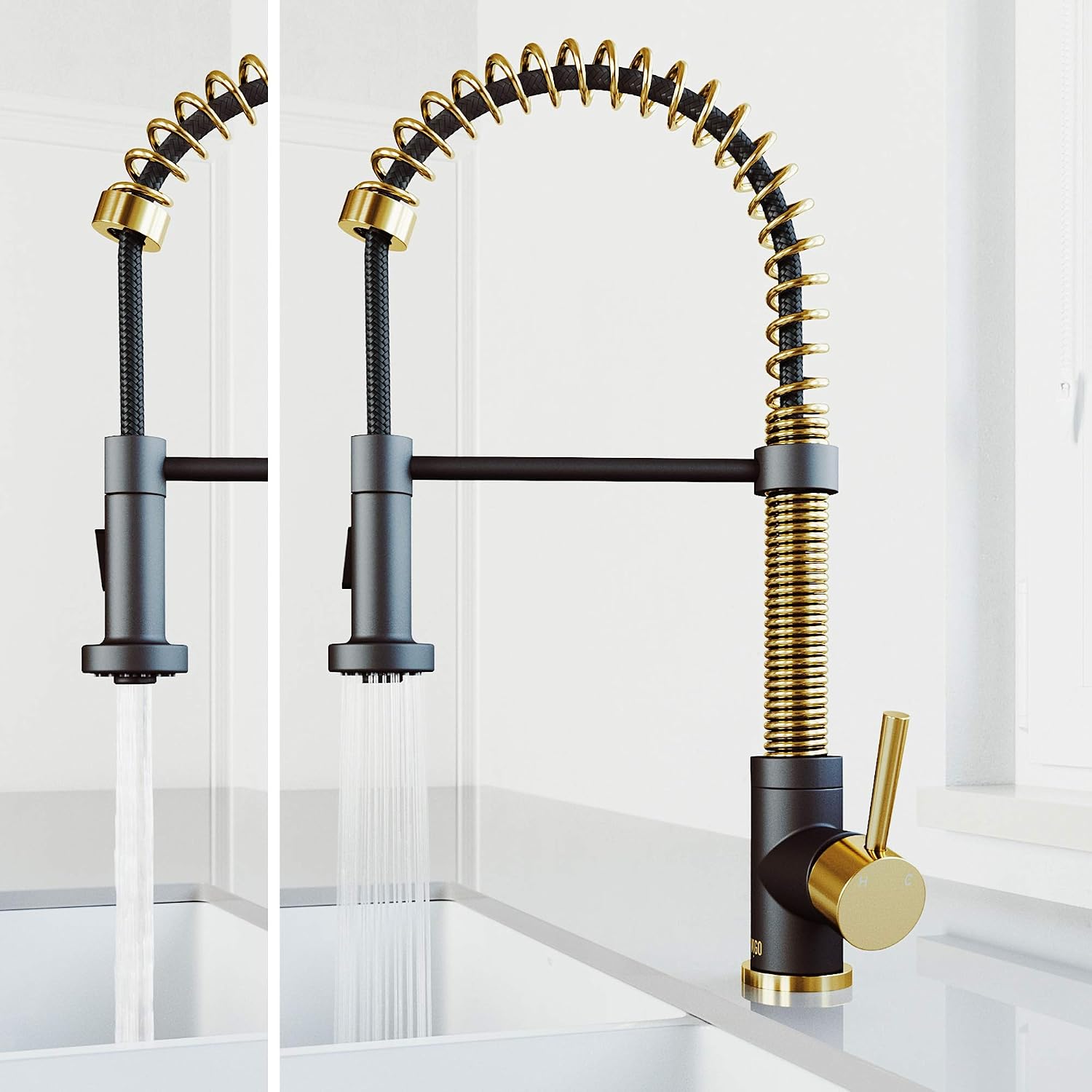 VIGO Edison 19'' H Single Handle Pull-Down Sprayer Kitchen Faucet in Matte Brushed Gold and Matte Black-VG02001MGMB
