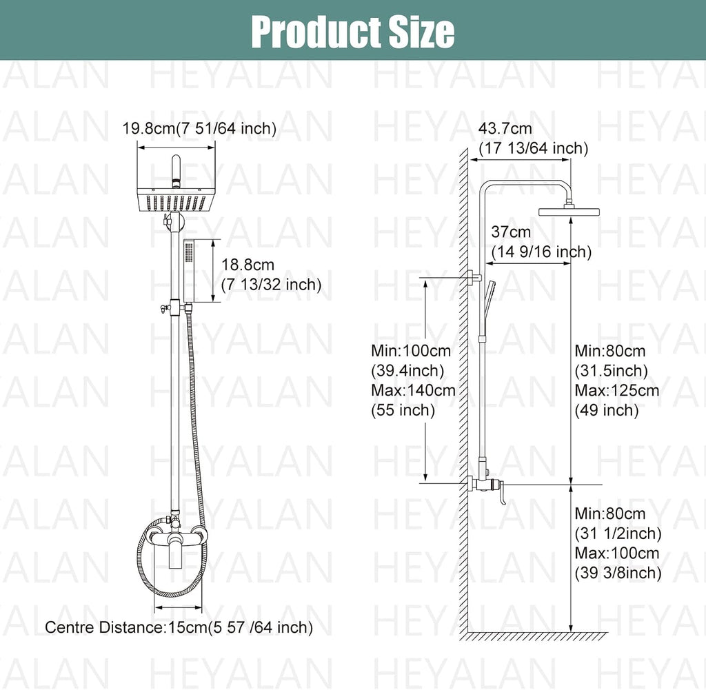 Heyalan Matte Black Exposed Shower System 2 Functional Bathroom Shower Set 8 Inch Square Rainfall Shower Head with Hand Sprayer Wall Mounted
