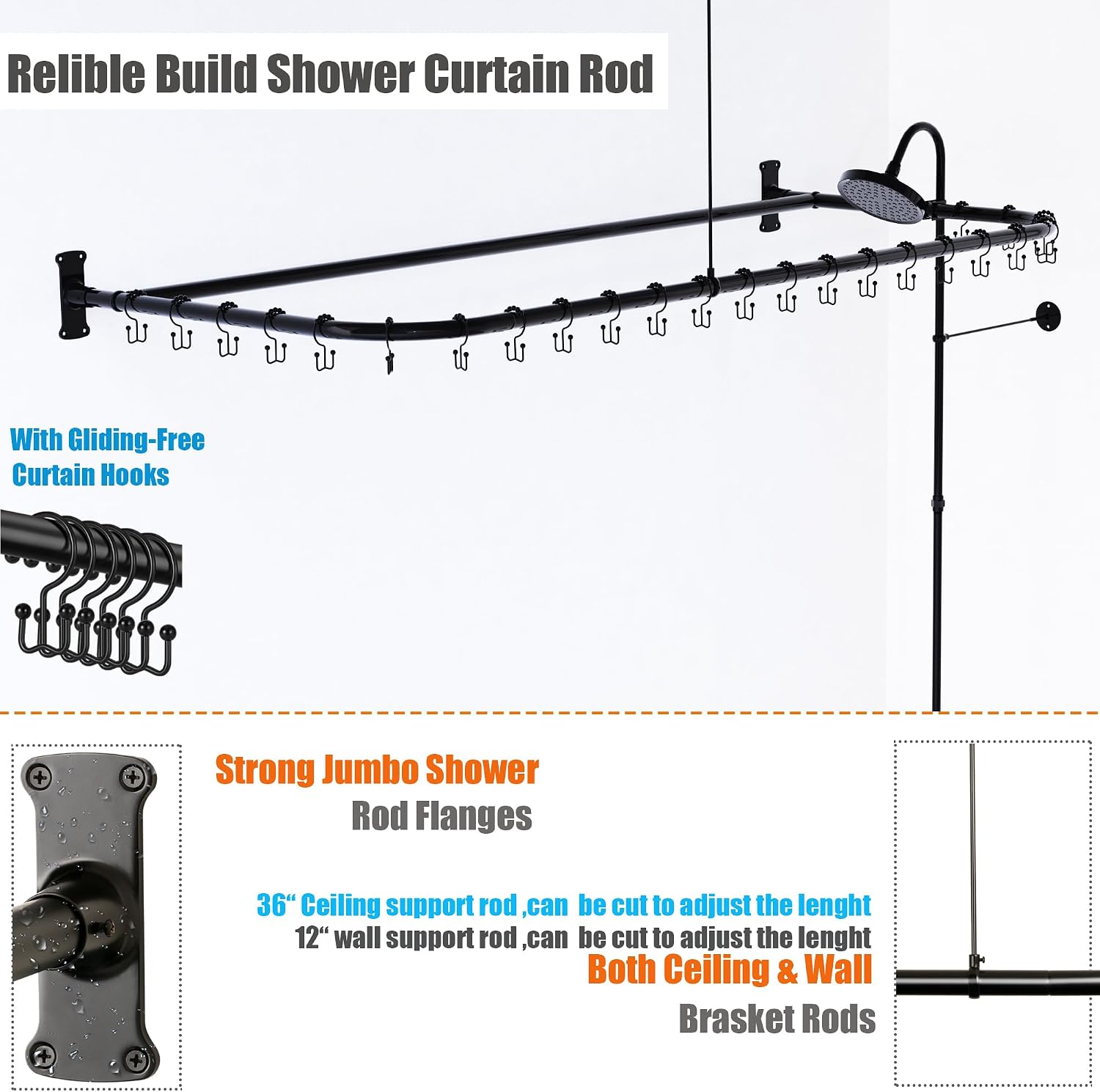 Clawfoot Tub Shower Kit,Add On Shower With Bathcock Diverter Faucet and 60' D Type Claw foot Tub Shower Curtain Rod Kit,D-Style Shower Rod and Clawfoot Tub Shower Faucet Set,Matte Black