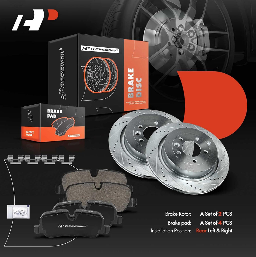 A-Premium 13.78 inch (350mm) Rear Drilled and Slotted Disc Brake Rotors + Ceramic Pads Kit Compatible with Select Land Rover Model - Range Rover Sport 2006-2013, LR4 2010-2016, LR3 2005-2009, 6-PC Set
