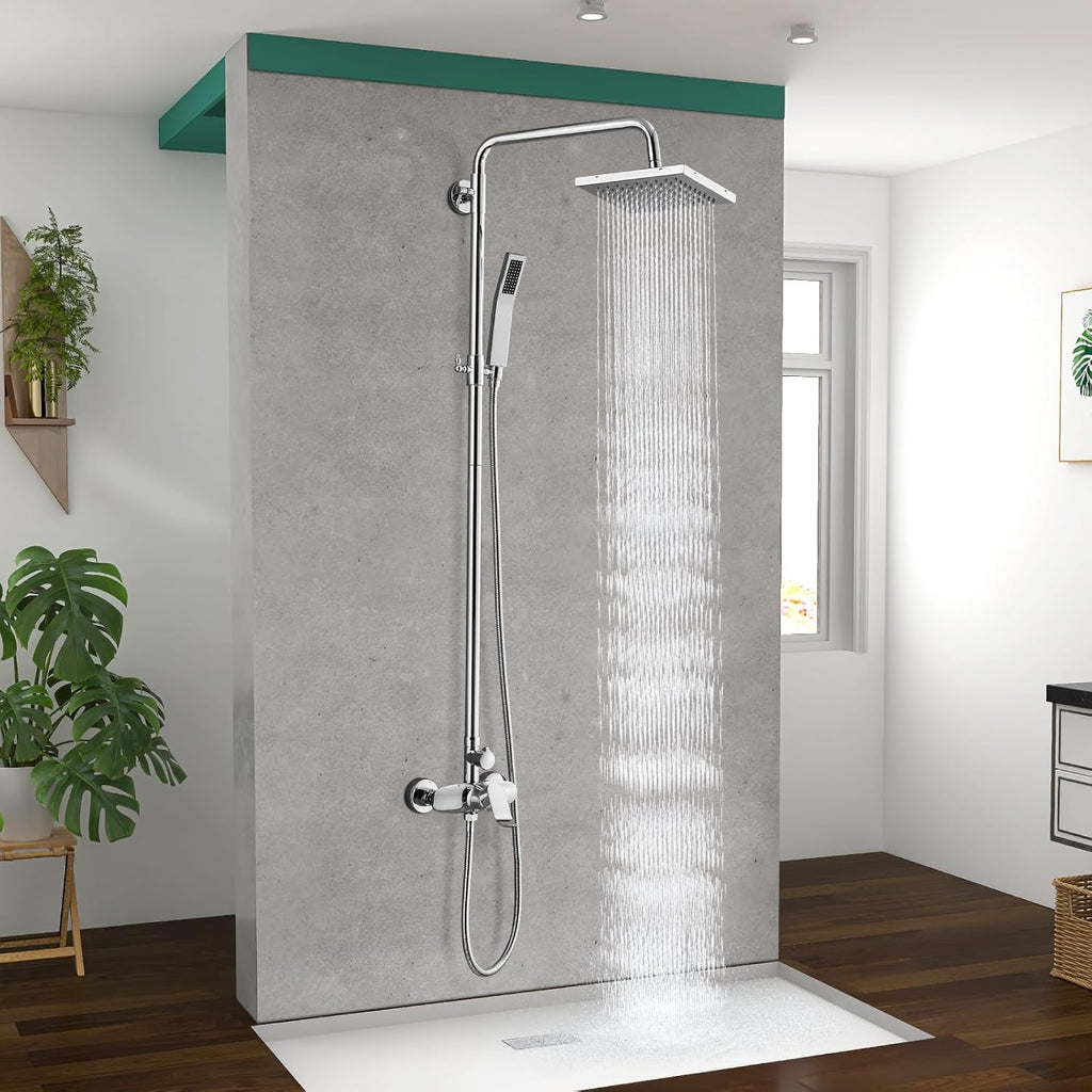 Polish Chrome Exposed Shower System 2 Functional Bathroom Shower Set 8 Inch Square Rainfall Shower Head with Hand Sprayer Wall Mounted