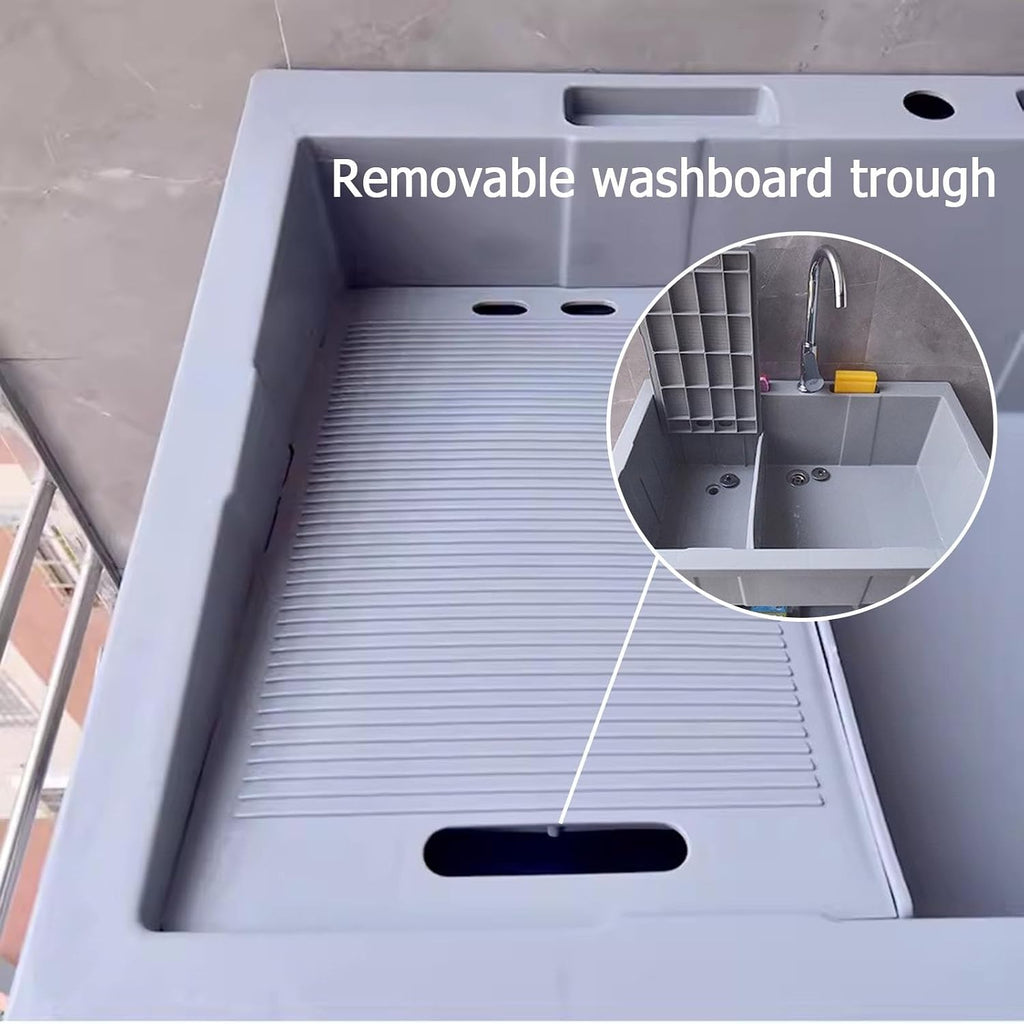 RYTM 31.5'' Plastic Utility Laundry Sink, Freestanding Outdoor Sink Laundry Tub with Washboard, Portable Hand Washing Station with Cold & Hot Water Faucet and Soap Dispenser, Gray