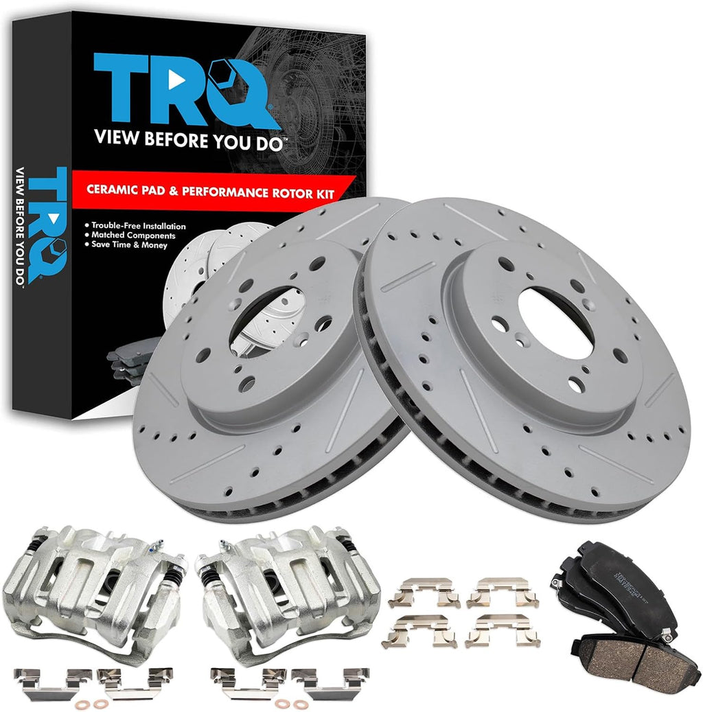 TRQ Front Brake Pad and Rotor Set Ceramic Drilled Slotted Coated Rotors Calipers Compatible with 2005-2010 Honda Odyssey