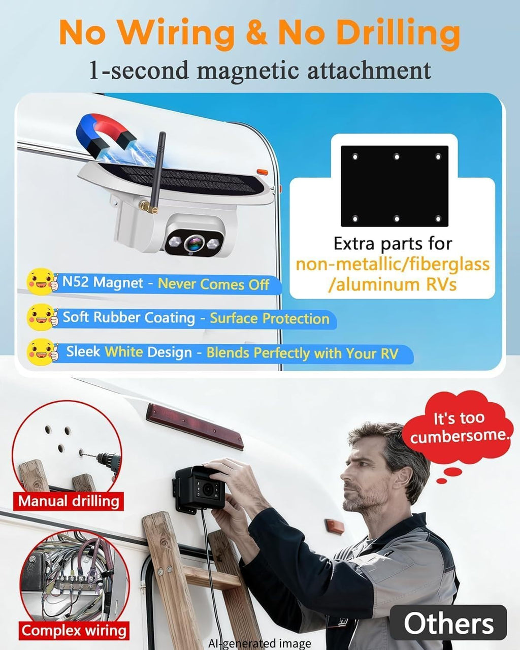 Pemacom Wireless Backup Camera for Towable-RV: 1-Second Magnetic No Wiring Long Distance Signal for Thor/Forest River Series RVs - 7.3' Recording Monitor HD 1080P Auto Sleep Solar RV Backup Camera