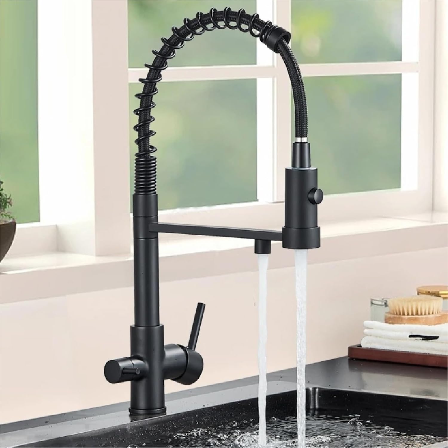 Filtered Kitchen Faucet Pure Drinking Water Brass Kitchen Tap Daul Spout Water Purifier Faucet(Matte Black)