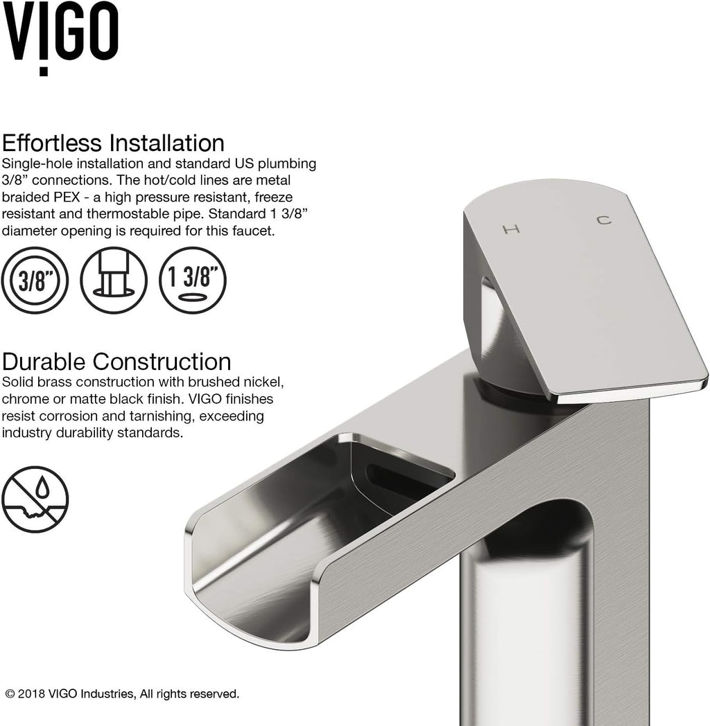 VIGO Ileana Waterfall Single-Handle Single-Hole Mount Bathroom Sink Faucet, 7-Inch, Brushed Nickel, Modern Design, Solid Brass, 1.2 GPM WaterSense & Ceramic Disc Valve, Corrosion-Resistant