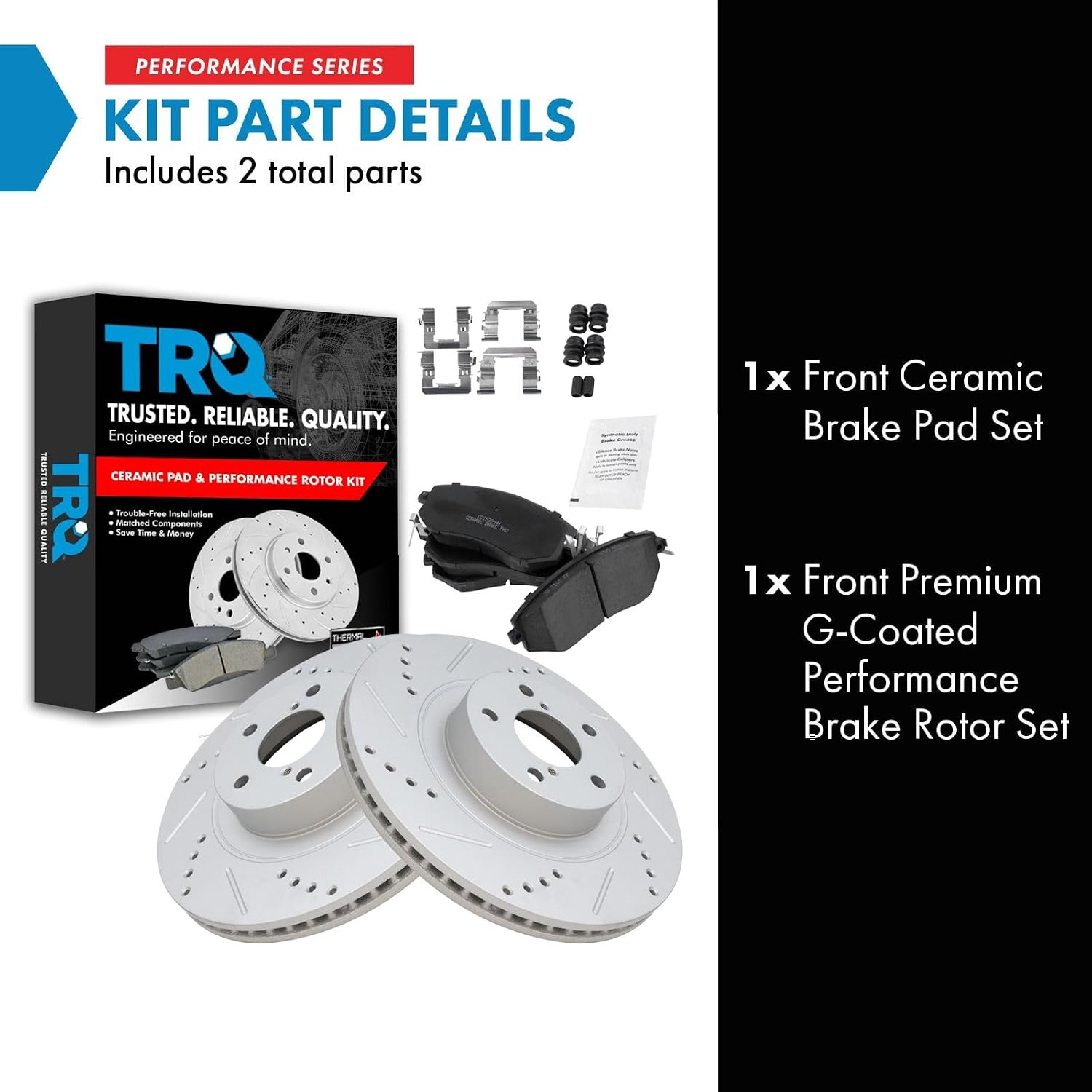TRQ Performance Front Ceramic Brake Pad and Rotor Set Drilled Slotted Coated Compatible with 14-18 Subaru Forester 2.5i 11-14 Subaru Impreza WRX 13-14 Outback 2.5i 13-14 Legacy 2.5i