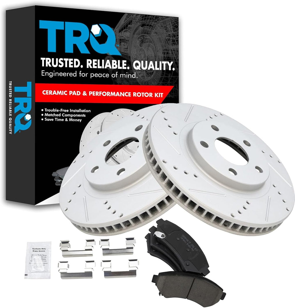 TRQ Performance Front Brake Pad & Rotor Set Ceramic Coated Drilled Rotors Compatible with 97-05 Buick LeSabre Riviera Cadillac DeVille Eldorado Seville 00-05 Chevrolet Impala 00-04 Pontiac Bonneville