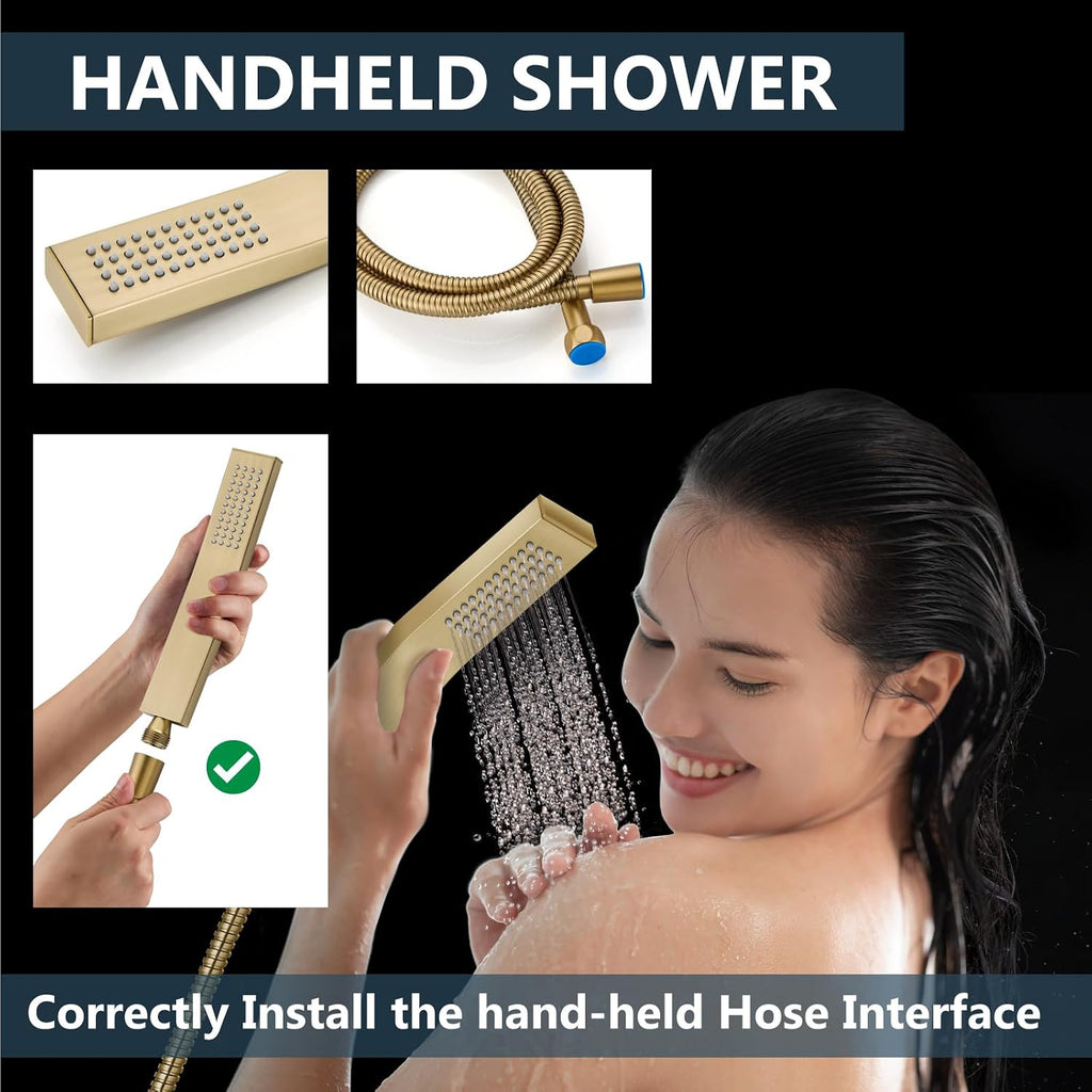 Aolemi Ceiling Mount Shower Faucet Set with Handheld Spray High Pressure Shower Faucets Sets Complete Rough-in Valve and Shower Trim Kit System Included Rainfall Brushed Gold 12 Inch LED Shower Head
