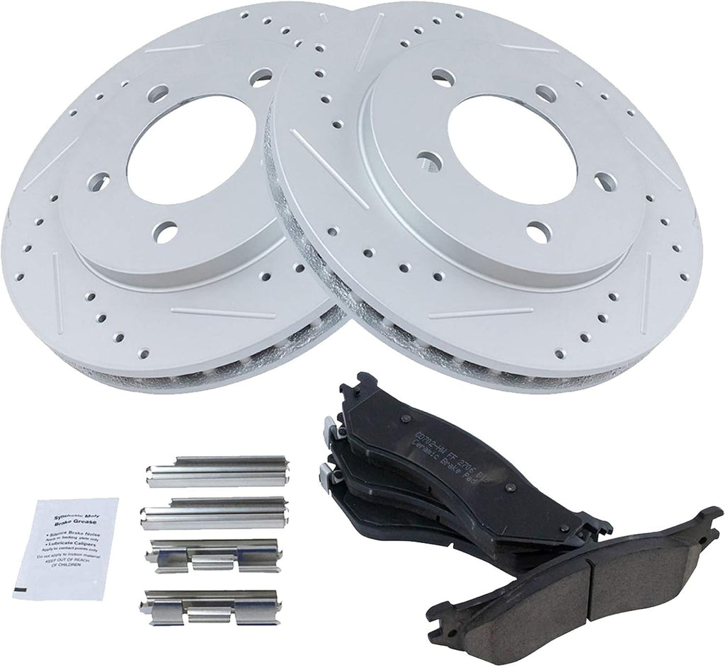 TRQ Performance Front Brake Pad and Rotor Set Ceramic Coated Drilled Slotted Vented Rotors Compatible with 1997-2002 Ford Expedition 1998-2002 Lincoln Navigator