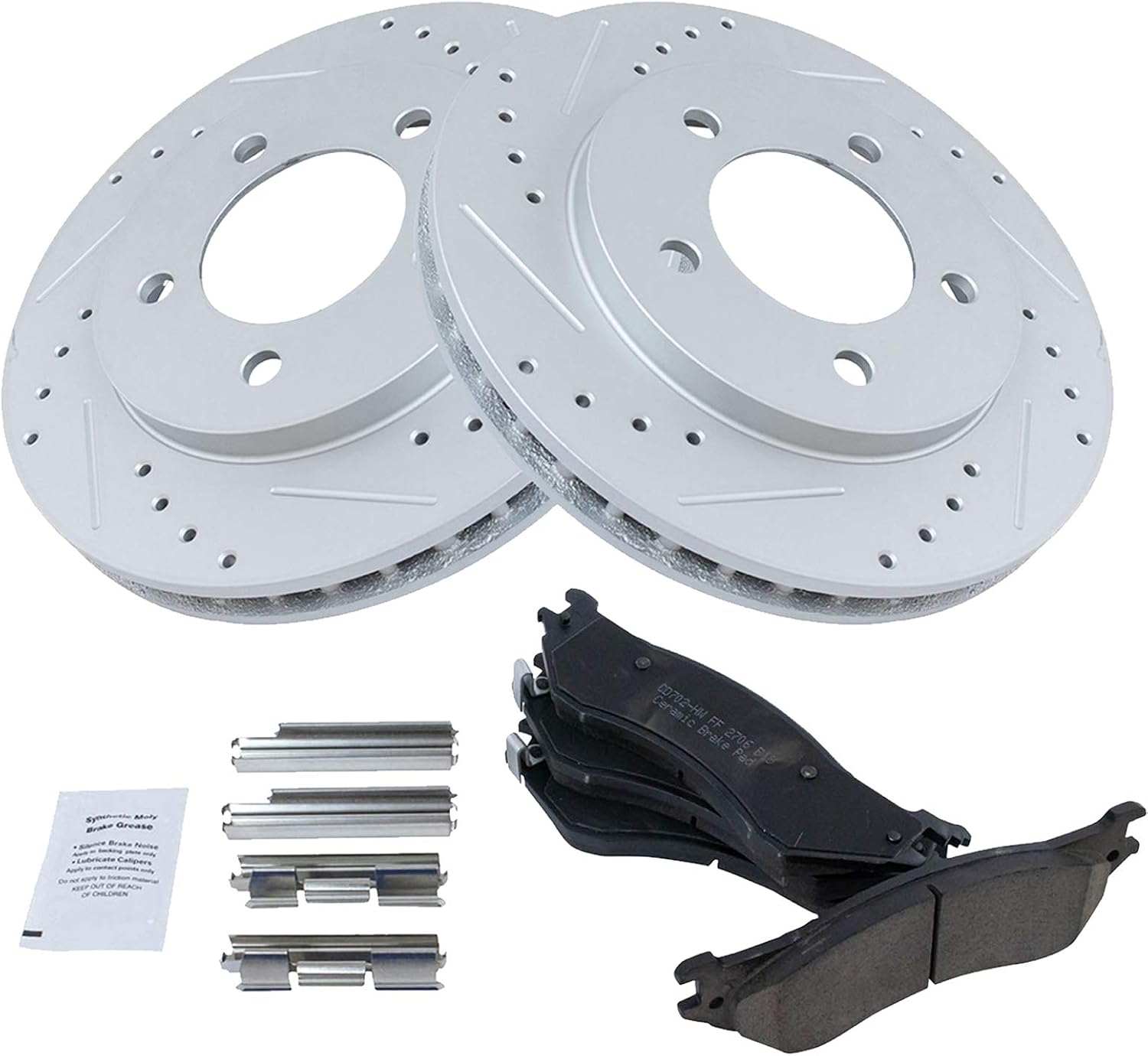 TRQ Performance Front Brake Pad and Rotor Set Ceramic Coated Drilled Slotted Vented Rotors Compatible with 1997-2002 Ford Expedition 1998-2002 Lincoln Navigator