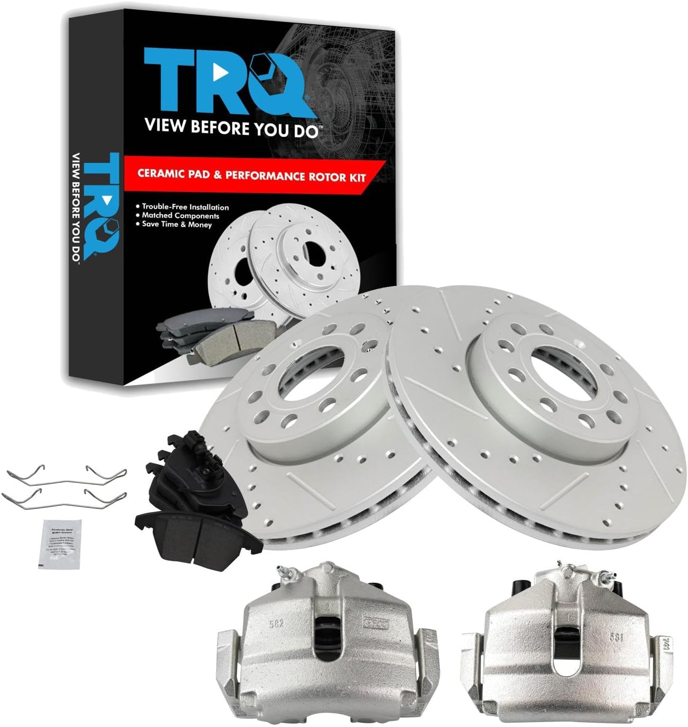 TRQ Performance Front Brake Pad and Rotor Set Ceramic Drilled Coated Rotors Calipers Compatible with 2005 Volkswagen Jetta 06-09 Rabbit 2010 Audi A3 10-14 Golf 10-15 Jetta 12-19 Beetle 2013 GTI