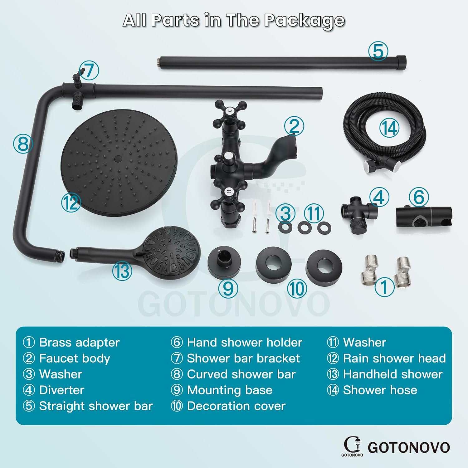 gotonovo Exposed Shower Faucet Set 8 Inch Rainfall Showerhead 3-Function Shower Fixture with Tub Spout 2 Corss Handles Shower System, Matte Black