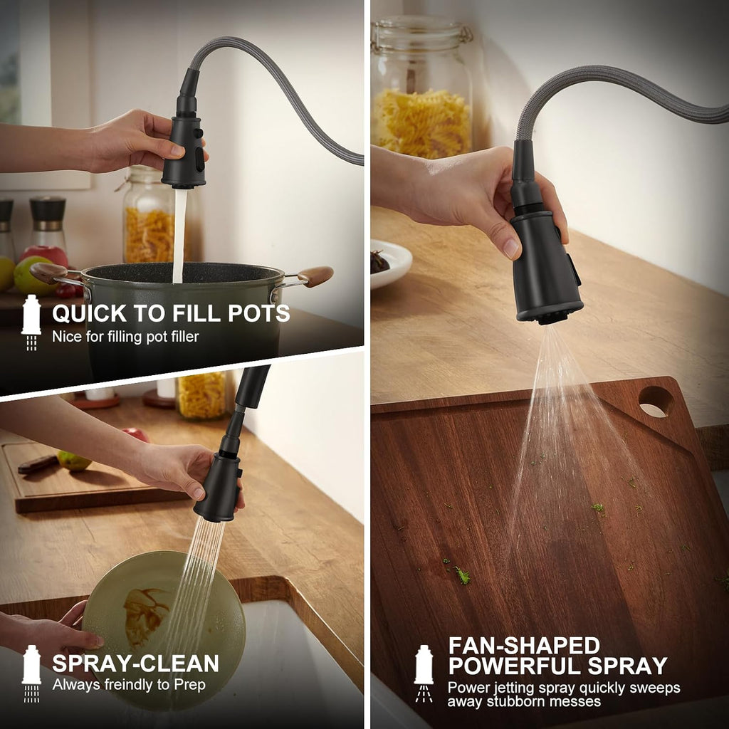 Black Kitchen Faucet with Pull Down Sprayer, Lava Odoro Matte Black Kitchen Sink Faucet with Magnetic Docking Spray 3-Function, Faucet for Kitchen Sink 1 Hole and 3 Hole with Deck Plate, KF271-MB