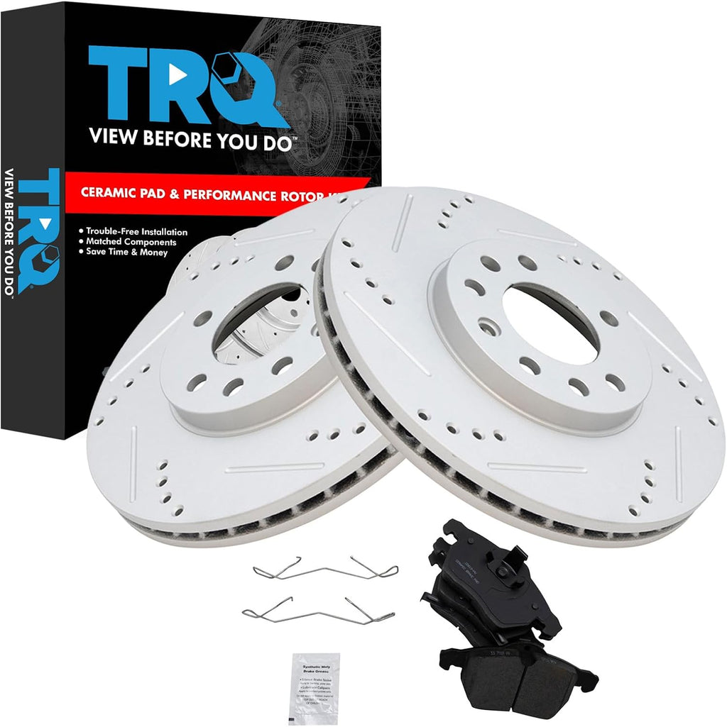 TRQ Performance Front Brake Pad & Rotor Set Ceramic Coated Drilled Slotted Vented Rotors Compatible with 99-03 Saab 9-3 99-05 9-5 2000 Saturn LS LS1 LS2 LW1 LW2 01-02 L100 01-03 L200 LW200 LW300