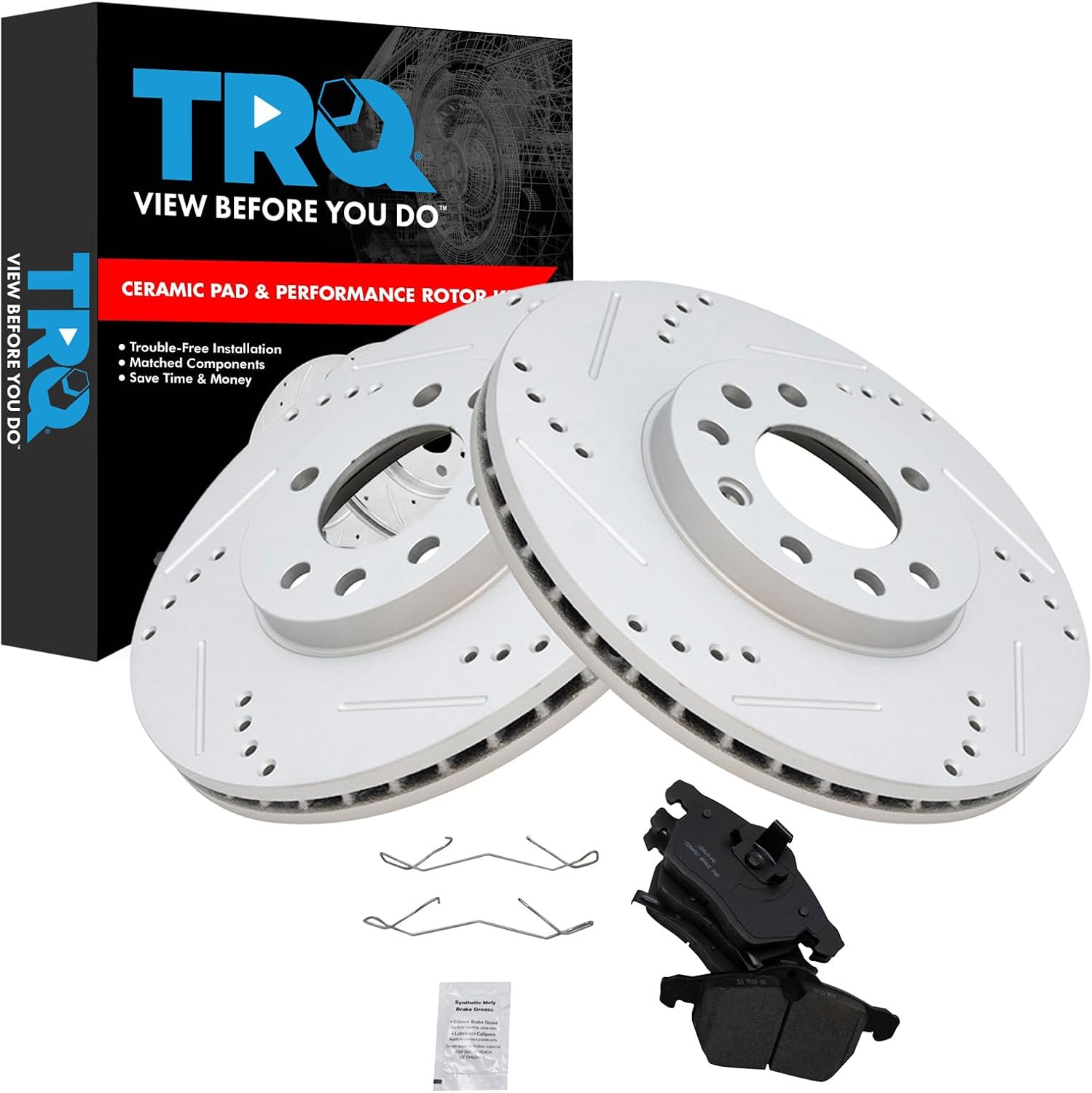 TRQ Performance Front Brake Pad & Rotor Set Ceramic Coated Drilled Slotted Vented Rotors Compatible with 99-03 Saab 9-3 99-05 9-5 2000 Saturn LS LS1 LS2 LW1 LW2 01-02 L100 01-03 L200 LW200 LW300