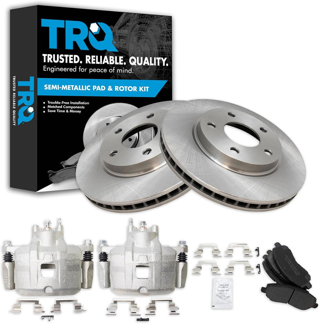 TRQ Front Brake Pad and Rotor Set Semi Metallic Vented Rotors Calipers Compatible with 2007-2012 Dodge Caliber