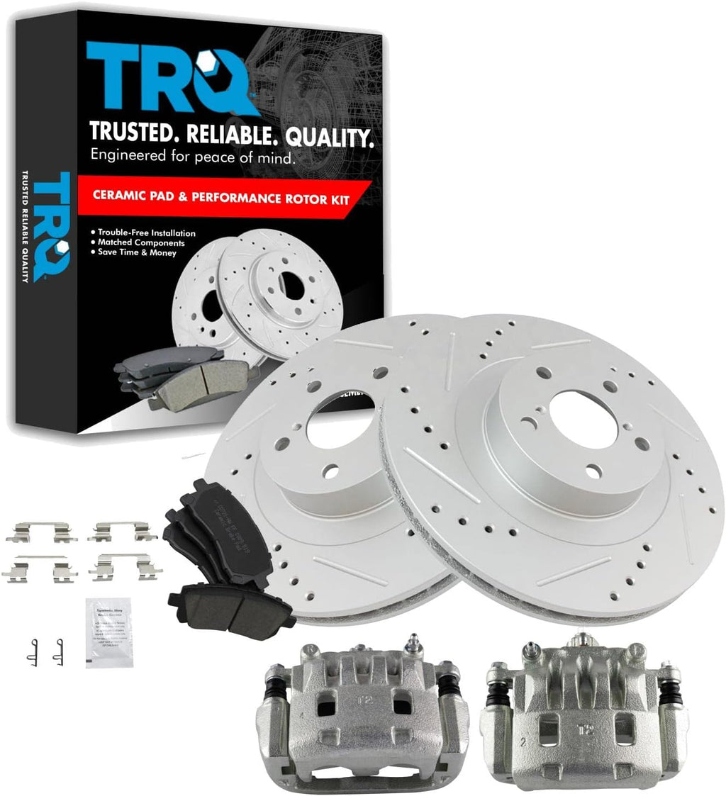 TRQ Performance Front Brake Pad and Rotor Set Ceramic Vented Coated Rotors Calipers Compatible with 2003 Subaru Impreza 2002 Legacy