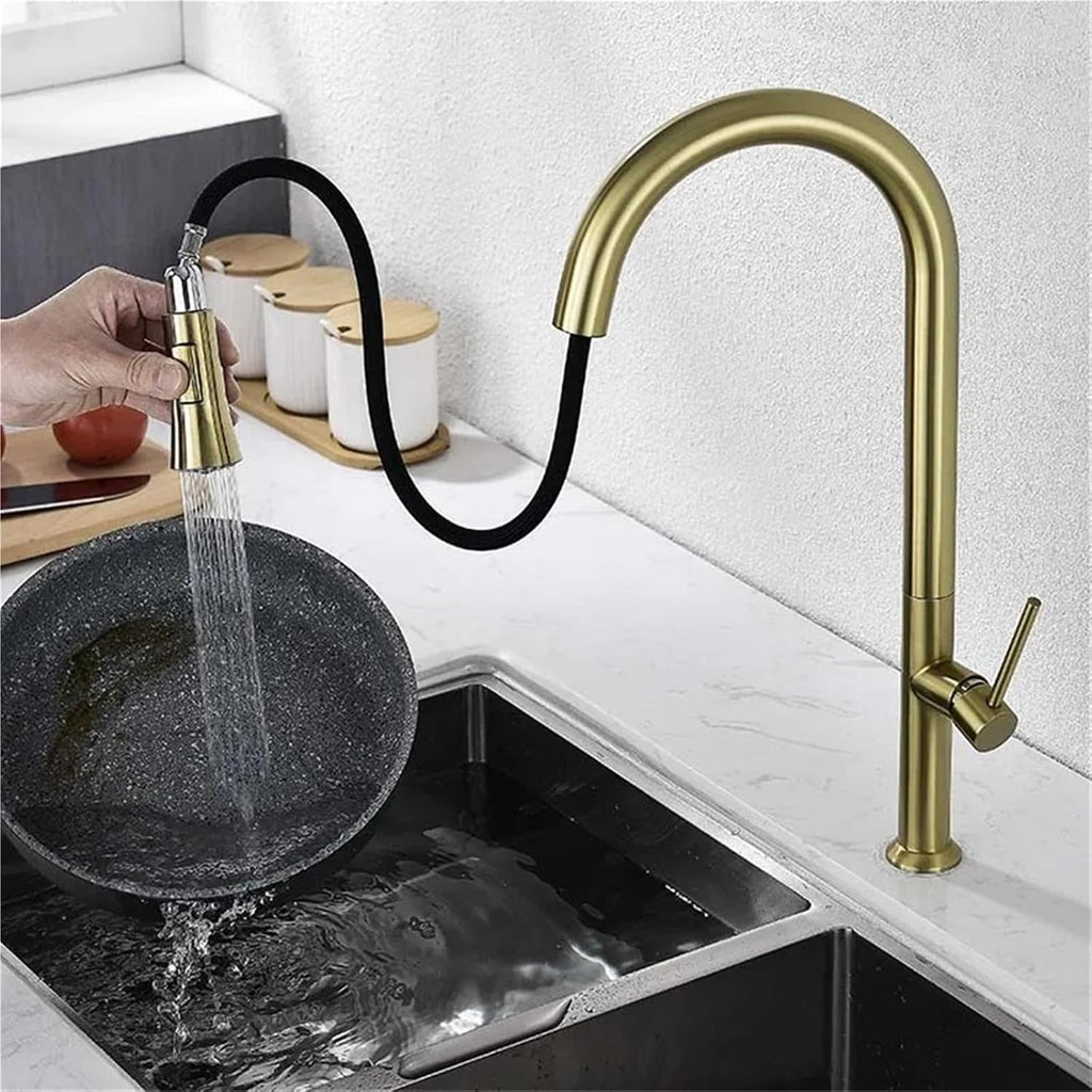 Pull Out Kitchen Sink Water Tap Single Handle Cold and Hot Water Mixer Tap 360 Rotation Kitchen Faucet(Brushed Gold)