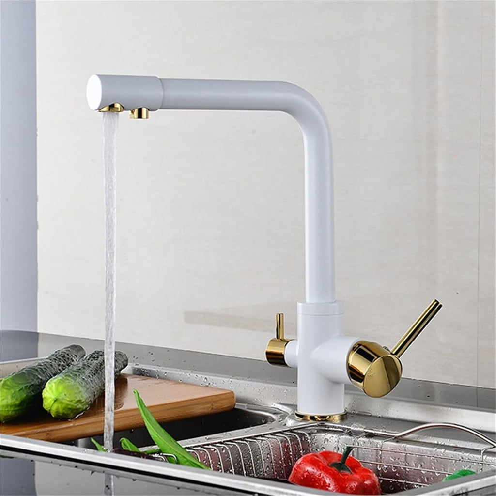 360° Rotating Deck-Mounted Filtered Pure Water Kitchen Faucet with Hot and Cold Water Mixer Tap(White Golden)