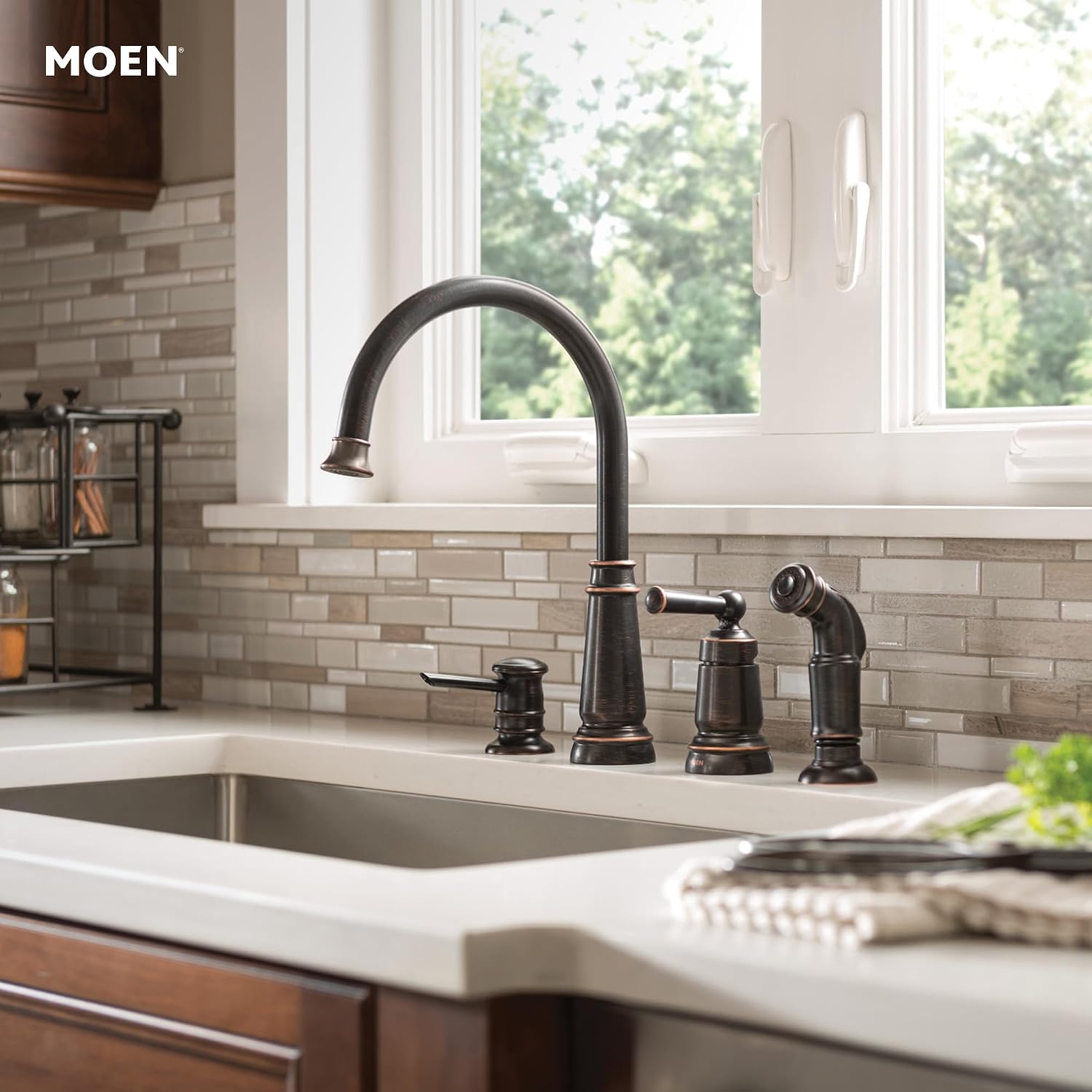 Moen Mediterranean Bronze One-Handle High Arc Widespread Kitchen Faucet, 4-Hole Setup with Soap Dispenser, 87042BRB
