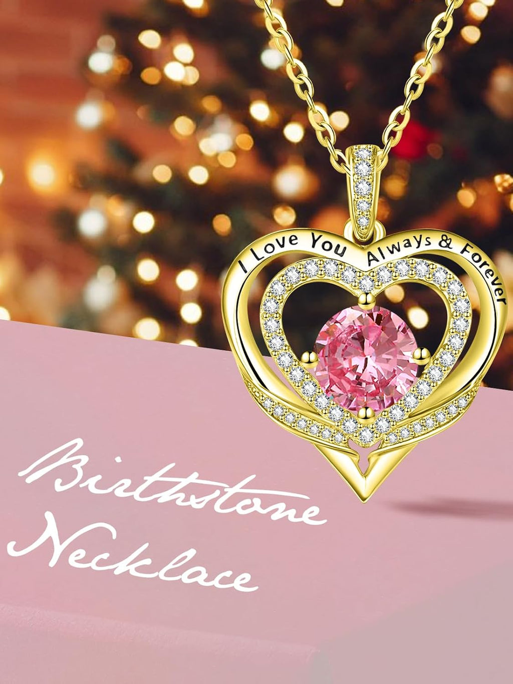 14K Gold Heart Necklaces for Women with Birthstone Pendant ，Double Hearts Necklace Jewelry Gift for Girlfriend Mom Anniversary Birthday Adjustable Chain 18' + 2' 'I Love You Always & Forever