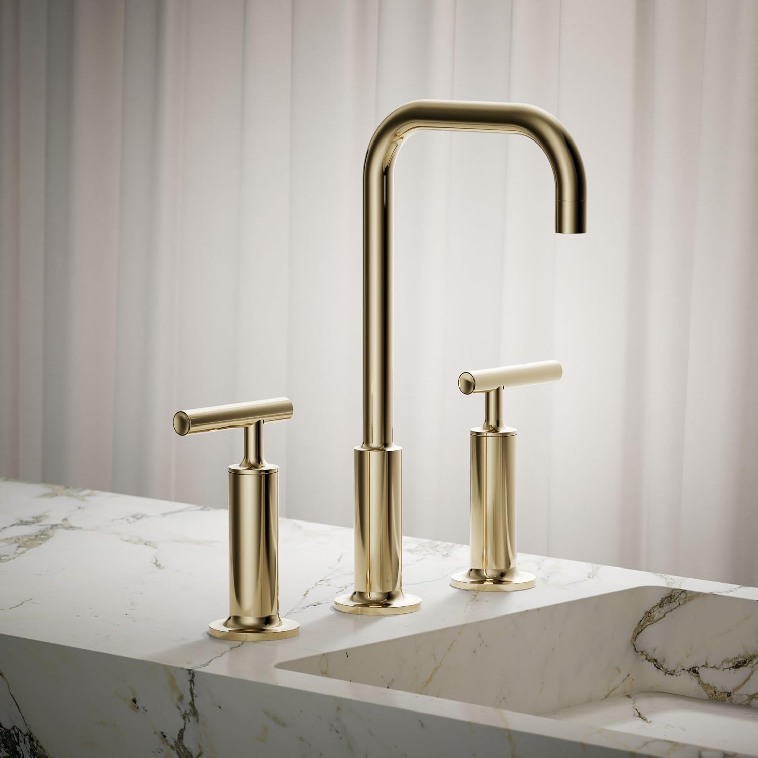 KOHLER K-14408-4-AF Purist® Widespread Bathroom Sink Faucet, 3-Hole, Widespread High Lever Handles and High Gooseneck Spout, 1.2 GPM, Vibrant French Gold