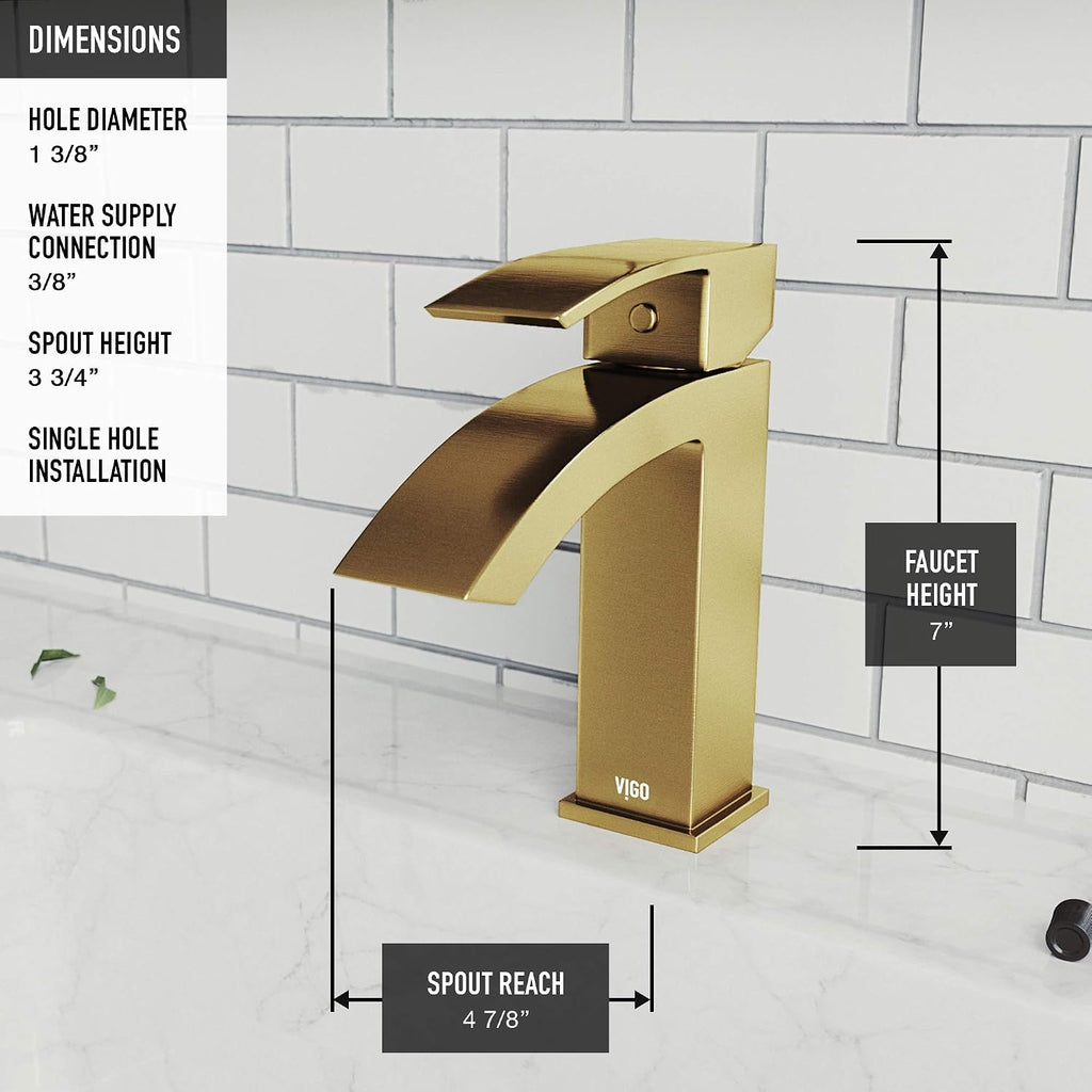 VIGO Satro Waterfall Single-Handle Single-Hole Mount Bathroom Sink Faucet, 7-Inch, Matte Brushed Gold, Modern Design, Solid Brass, 1.2 GPM WaterSense & Ceramic Disc Valve, Corrosion-Resistant