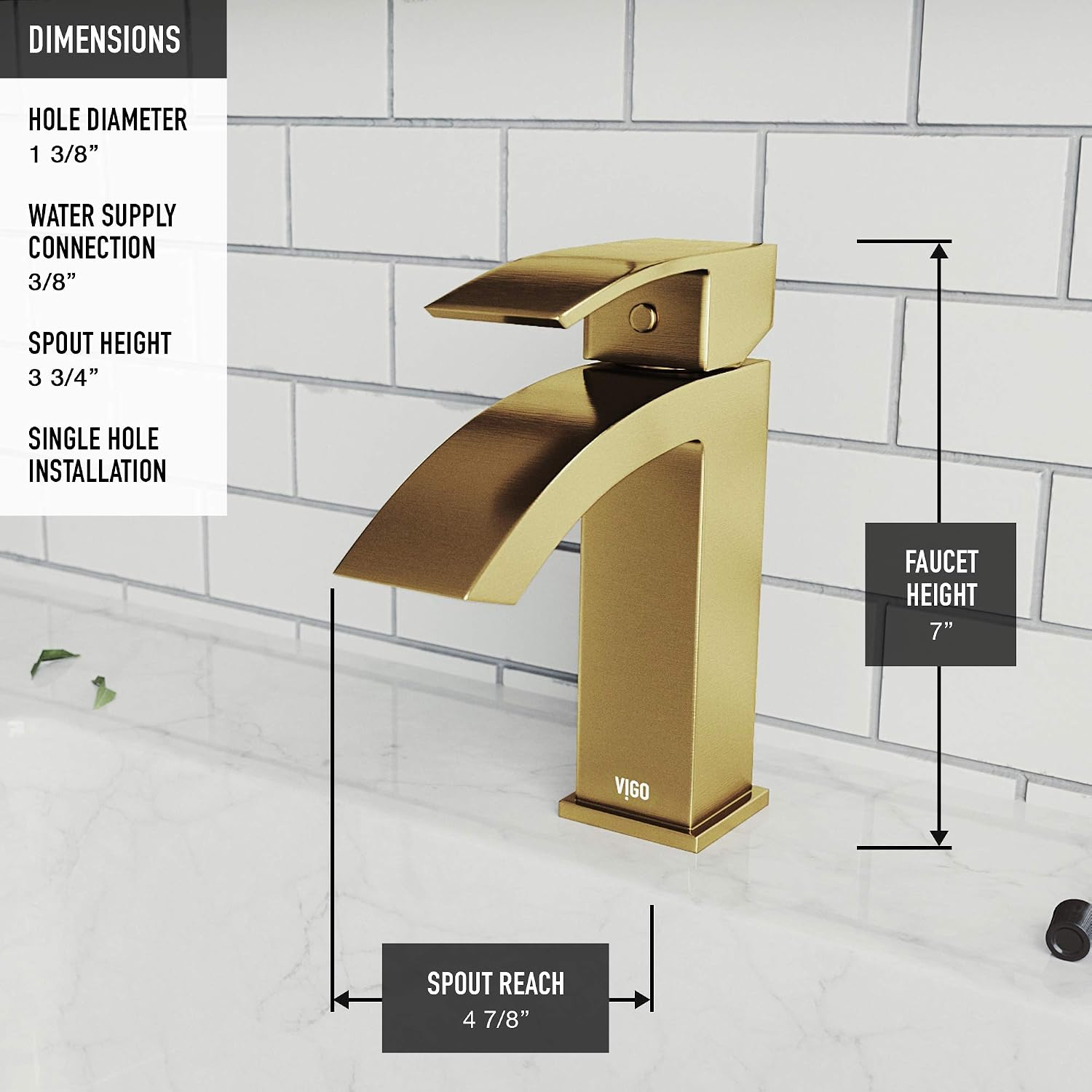 VIGO Satro Waterfall Single-Handle Single-Hole Mount Bathroom Sink Faucet, 7-Inch, Matte Brushed Gold, Modern Design, Solid Brass, 1.2 GPM WaterSense & Ceramic Disc Valve, Corrosion-Resistant