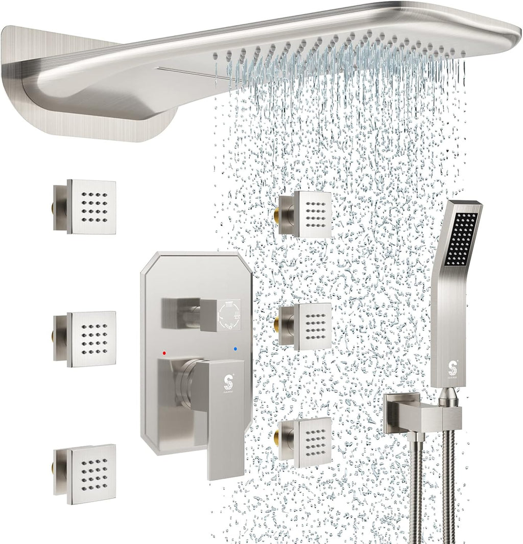 4-Function Waterfall Shower System with Body Jets, SR SUN RISE Full Body Rainfall Shower System with Handheld Shower Faucet Complete Sets, Wall Mounted Shower Fixture Set for Bathroom, Brushed Nickel