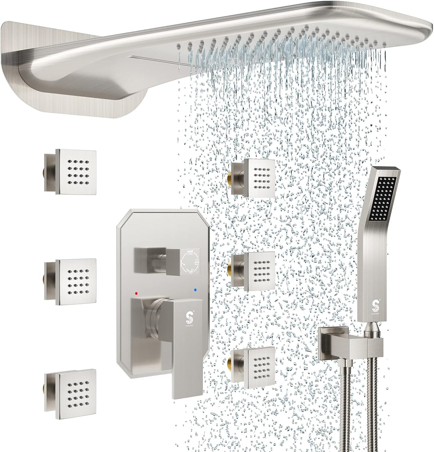 4-Function Waterfall Shower System with Body Jets, SR SUN RISE Full Body Rainfall Shower System with Handheld Shower Faucet Complete Sets, Wall Mounted Shower Fixture Set for Bathroom, Brushed Nickel