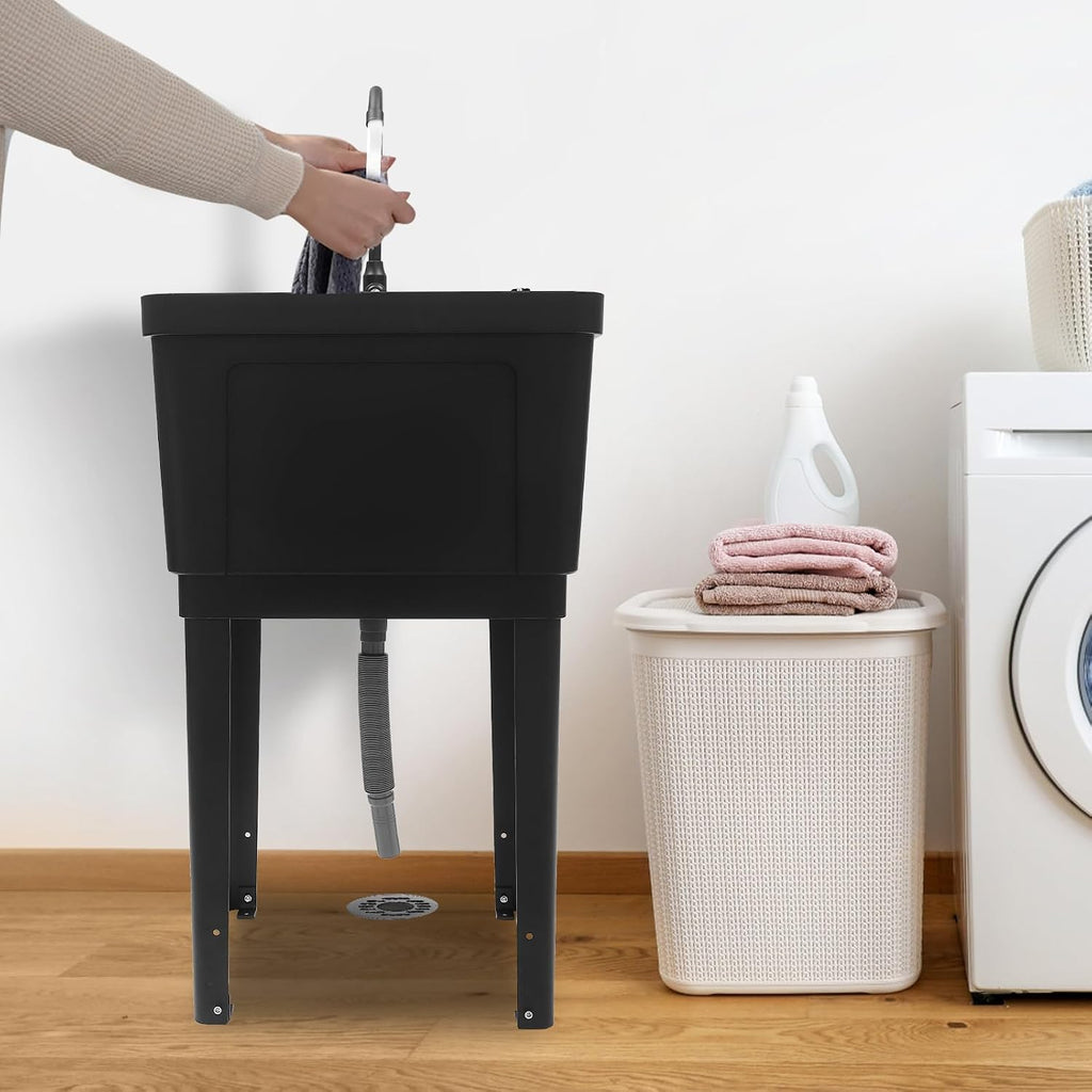 Freestanding Space Saver Utility Sink 19.68 * 19 * 33.07in kitchen Sink with Washboard Utility Sink with Cold and Hot Water Faucet, Hoses and Soap Dispenser for Laundry Room, Garage, Basement (Black)