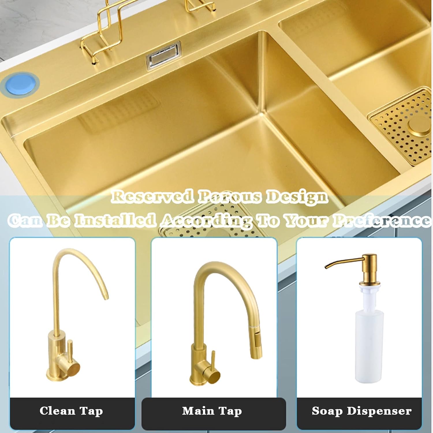 Kitchen Sink 304 Stainless Home Sink Kitchen, Double Gold Sink Kitchen, with Faucet, Clean Faucet, Soap Dispenser, Cutting Board and Accessories,Gold C-82X46cm