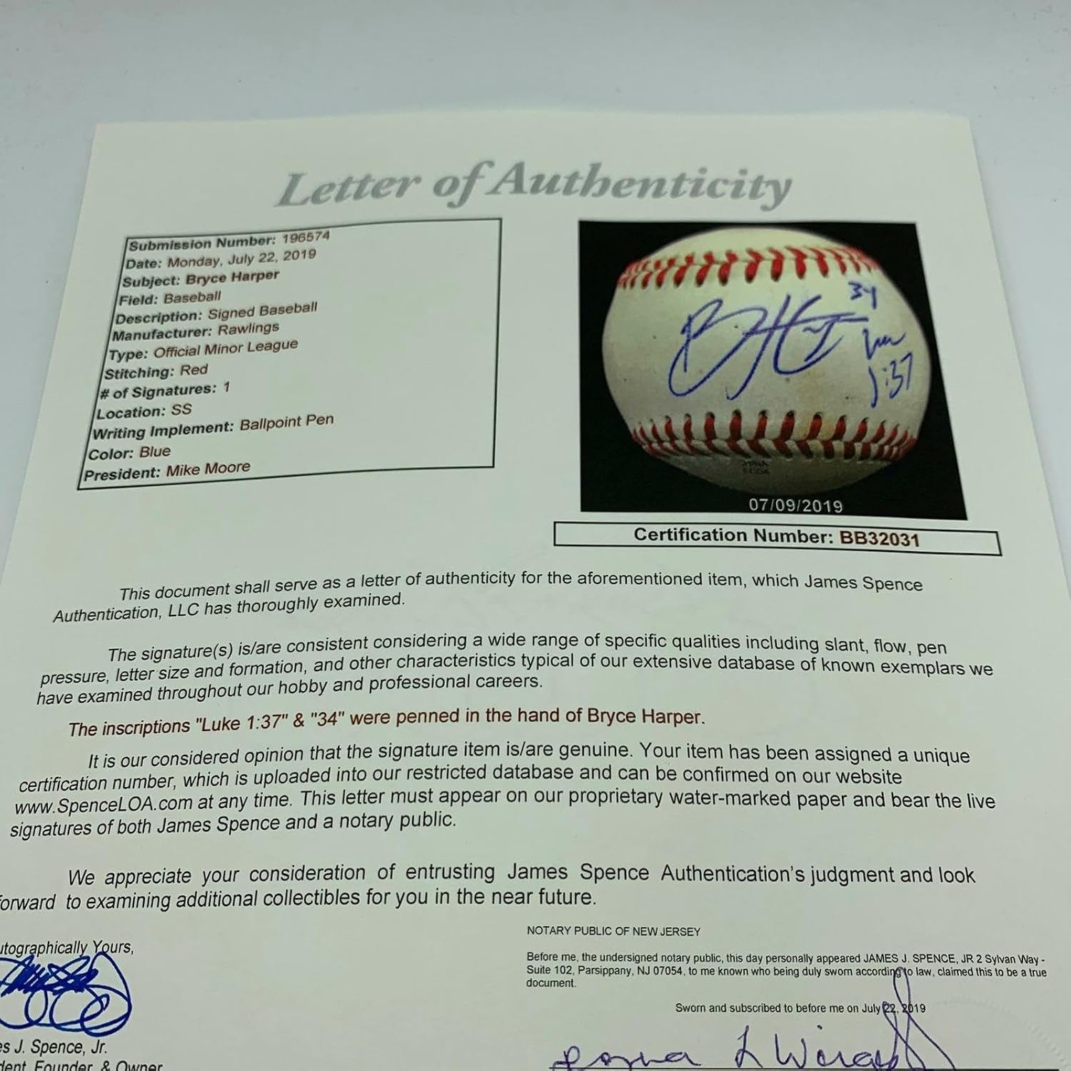 2011 Bryce Harper Pre Rookie Signed Game Used Minor League Baseball JSA COA - MLB Game Used Baseballs