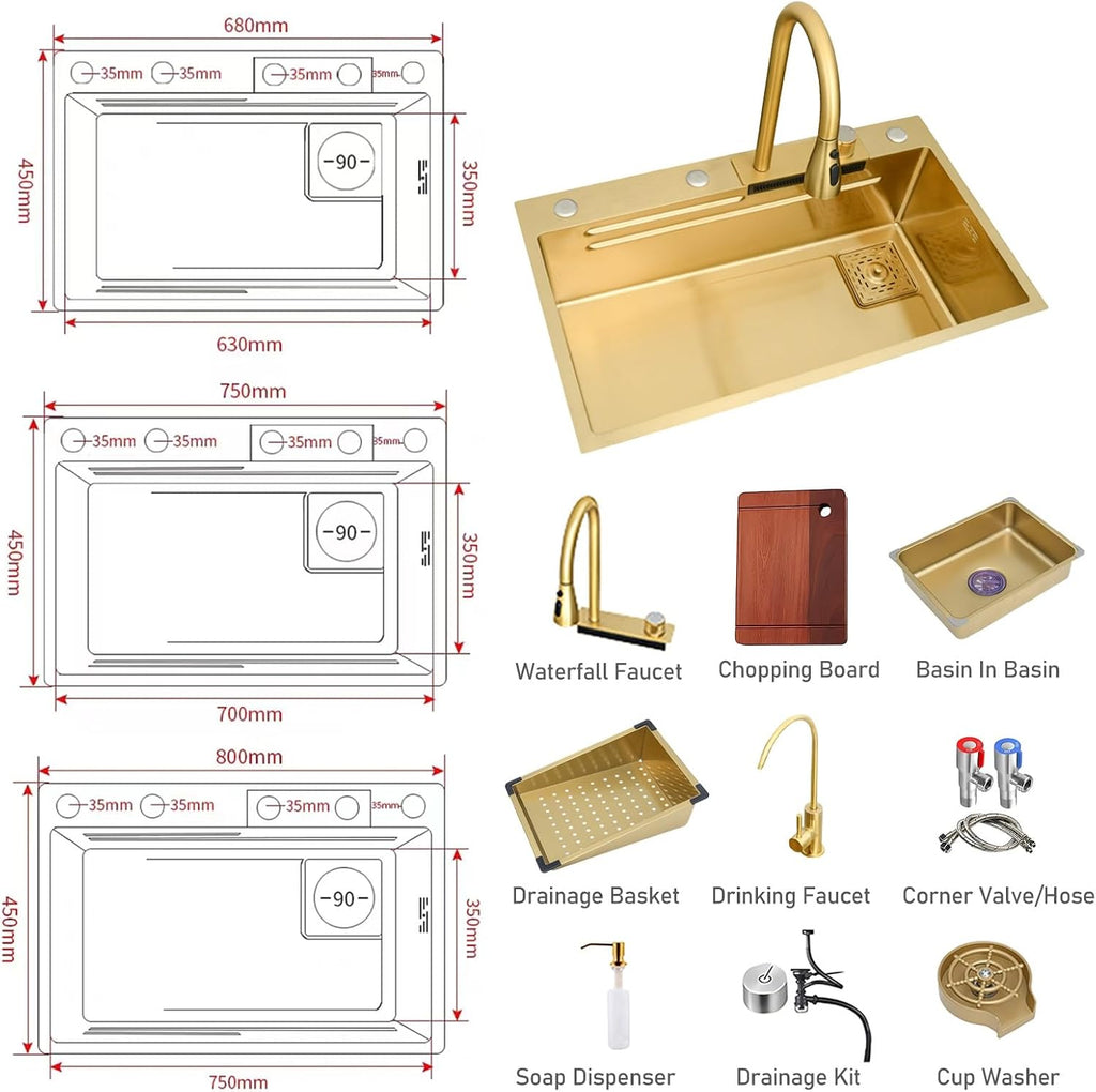 Gold Waterfall Sink - Handmade Multifunctional Kitchen Workstation Sink Ergonomic Single Bowl Dishwashing Sink 75X45X22Cm Elegant Household Design For Modern Kitchens,3434 One Color 75X45X22Cm