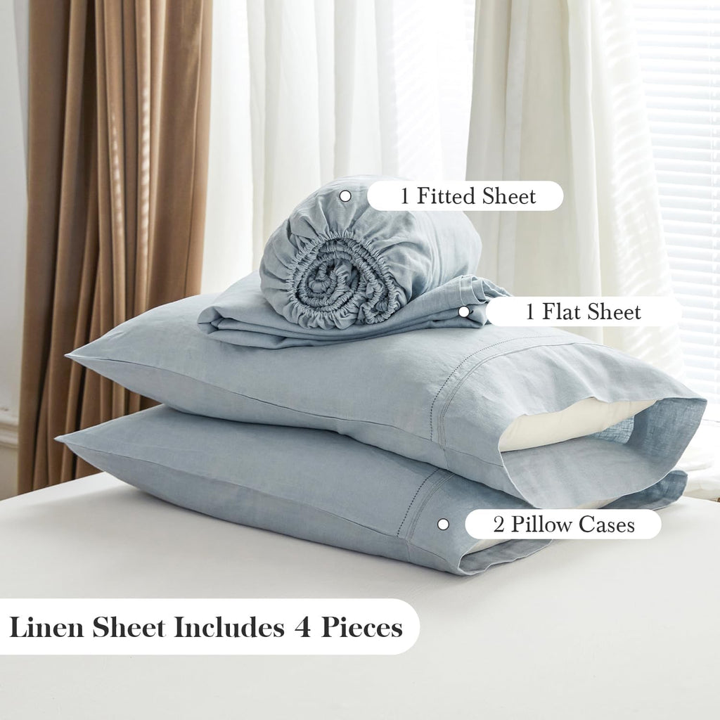 Simple&Opulence 100% French Linen Sheet Set Breathable Durable for Hot Sleepers Bedding 4 Pcs-1 Flat Sheet,1 Fitted Sheet,2 Pillowcases with Hemstitch Lace Embroidery Luxury Design (Dusty Blue, Queen)