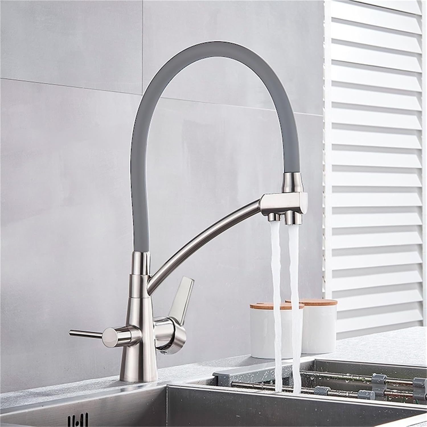 Filter Purification Flexible Rotated Kitchen Faucet Dual Spout Dual Handles Mixer Tap Hot and Cold Pure Water Mixer(Brushed Grey Hose)