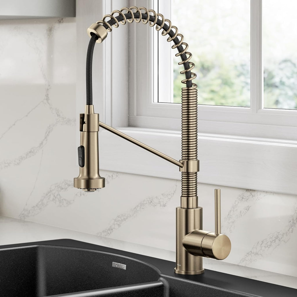 KRAUS Bolden Commercial Style 2-Function Single Handle Pull Down Kitchen Faucet in Spot-Free Antique Champagne Bronze, KPF-1610SFACB