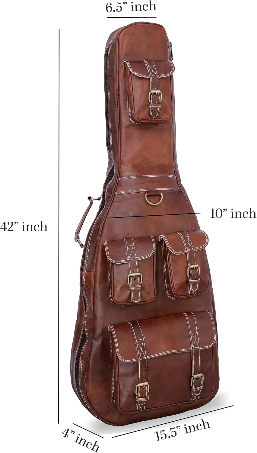 Premium Leather Guitar Gig Bag, Electric And Acoustic Guitar Case with Multiple Storage Pockets, Detachable And Adjustable Straps (Brown)
