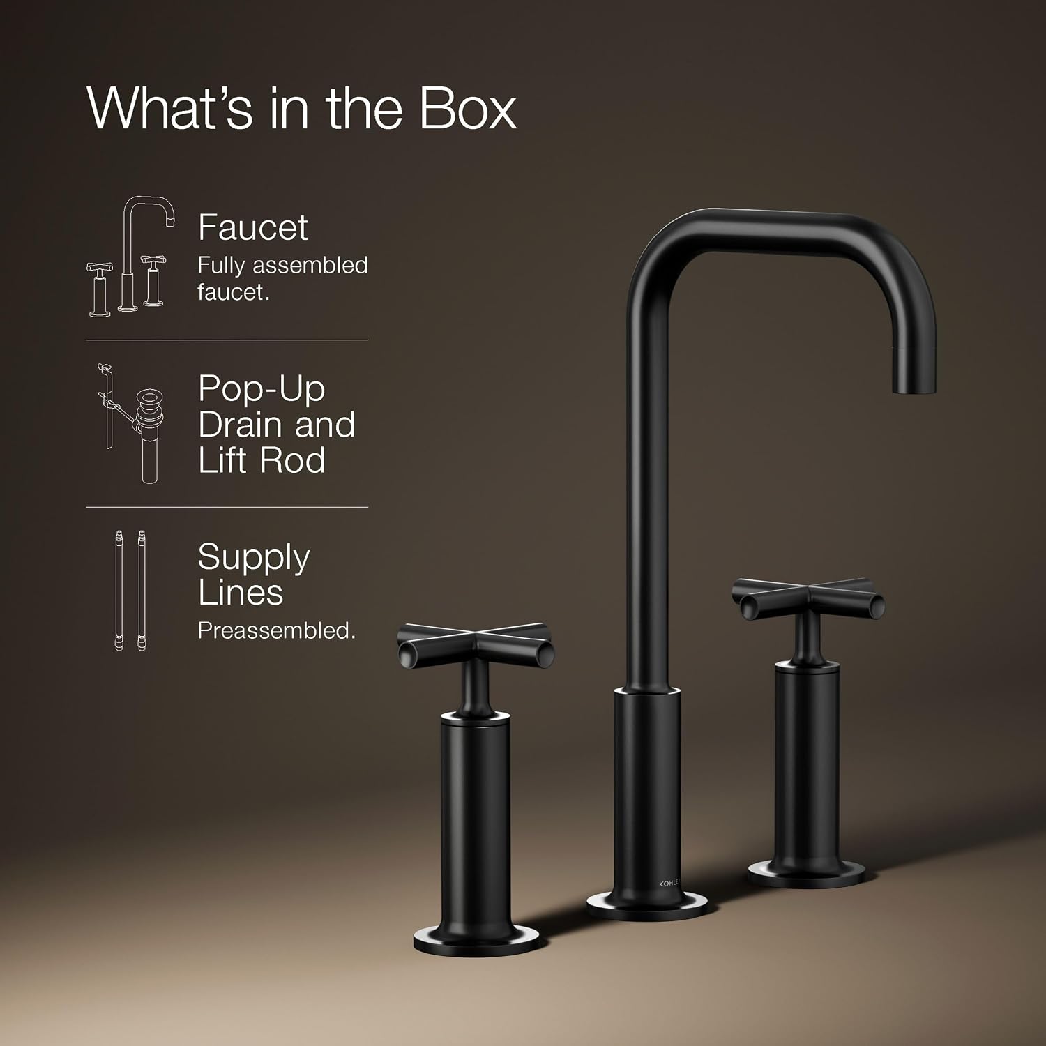 KOHLER K-14408-3-BL Purist® Widespread Bathroom Sink Faucet, 3-Hole, Widespread High Cross Handles and High Gooseneck Spout, 1.2 GPM, Matte Black