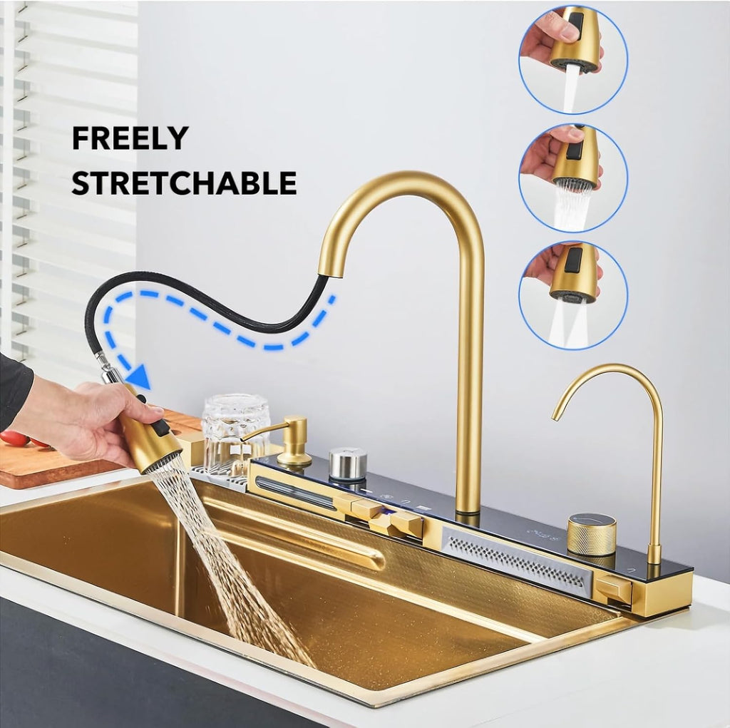 Kitchen Sink Deluxe Smart Waterfall Kitchen Sink Modern Multifunctional Stainless Steel Sink Utility Farmhouse Sink With integrated faucet, cup washer, soap dispenser included (Gold, 31.5 * 18in)