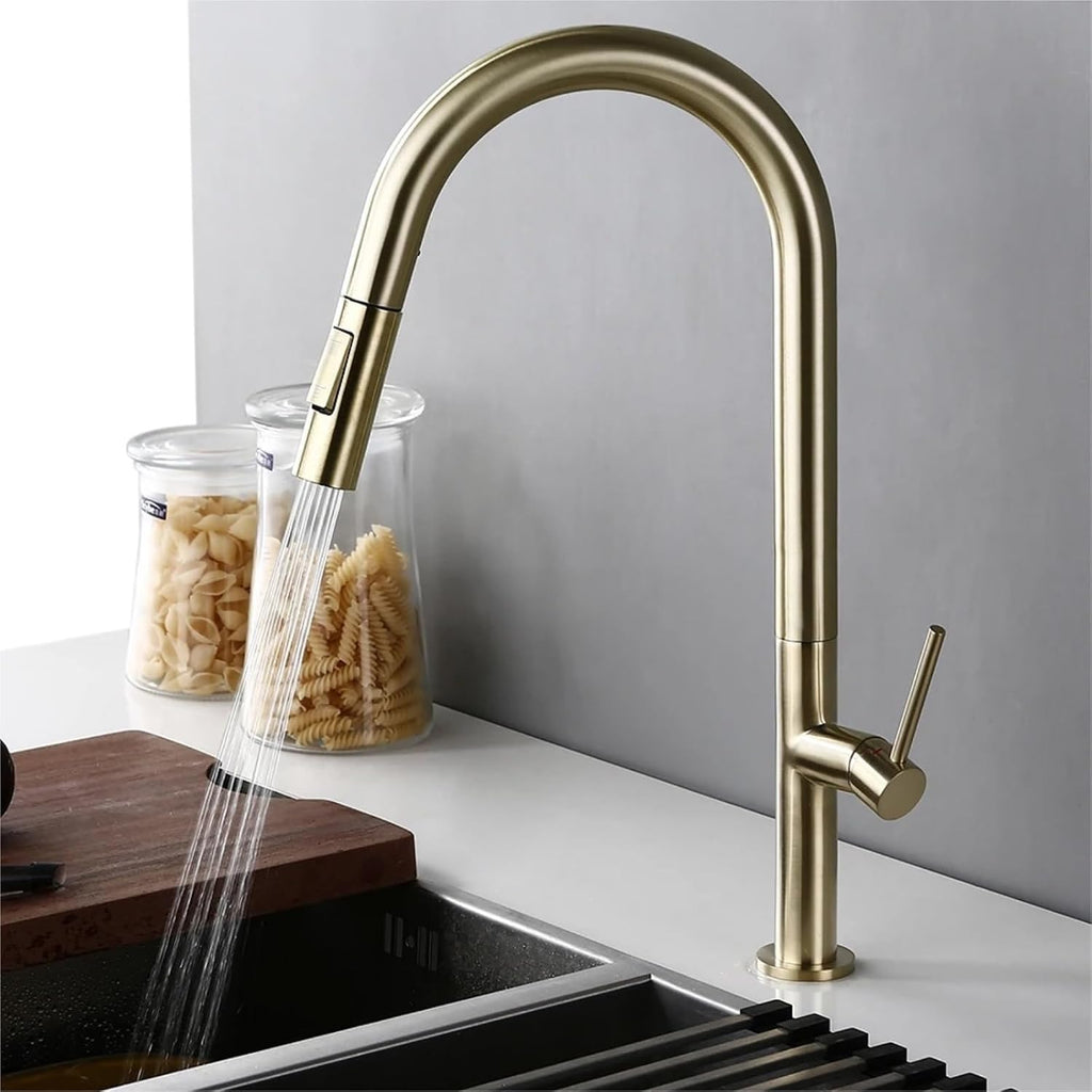 Kitchen Mixer Sink Tap Hot Cold Water 360 Degree Rotation Pull Out Brass Faucet(Brushed Gold)