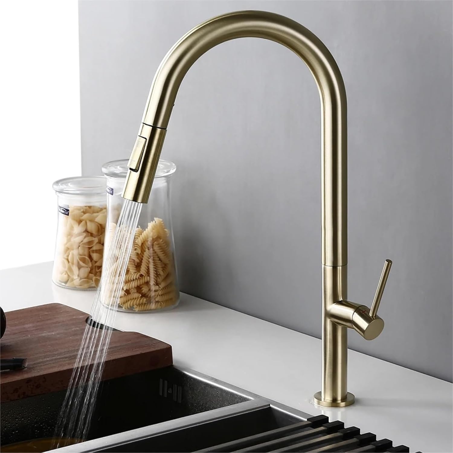 Kitchen Mixer Sink Tap Hot Cold Water 360 Degree Rotation Pull Out Brass Faucet(Brushed Gold)